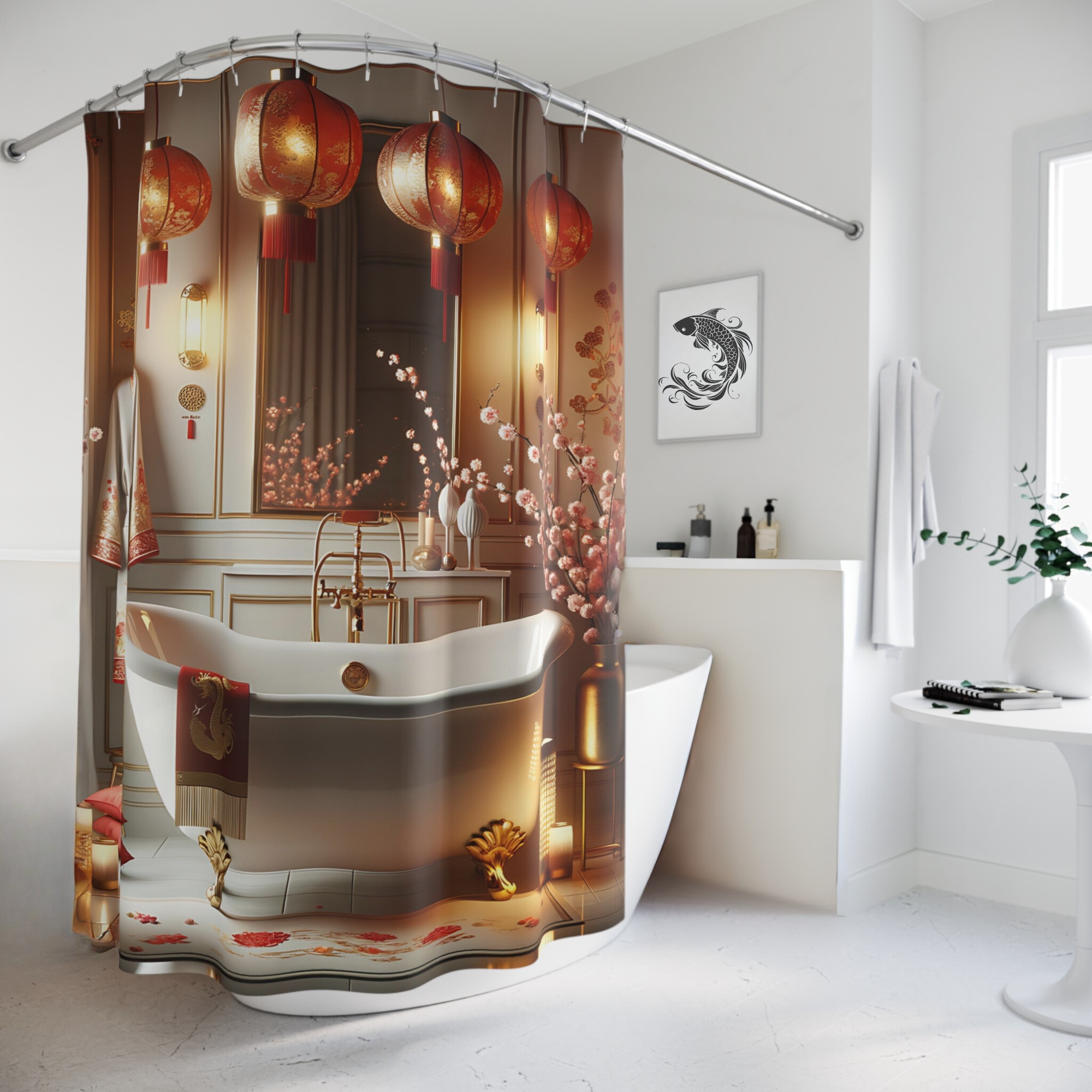 Chinese New Year Tranquility – Red Lantern & Blossom Shower Curtain