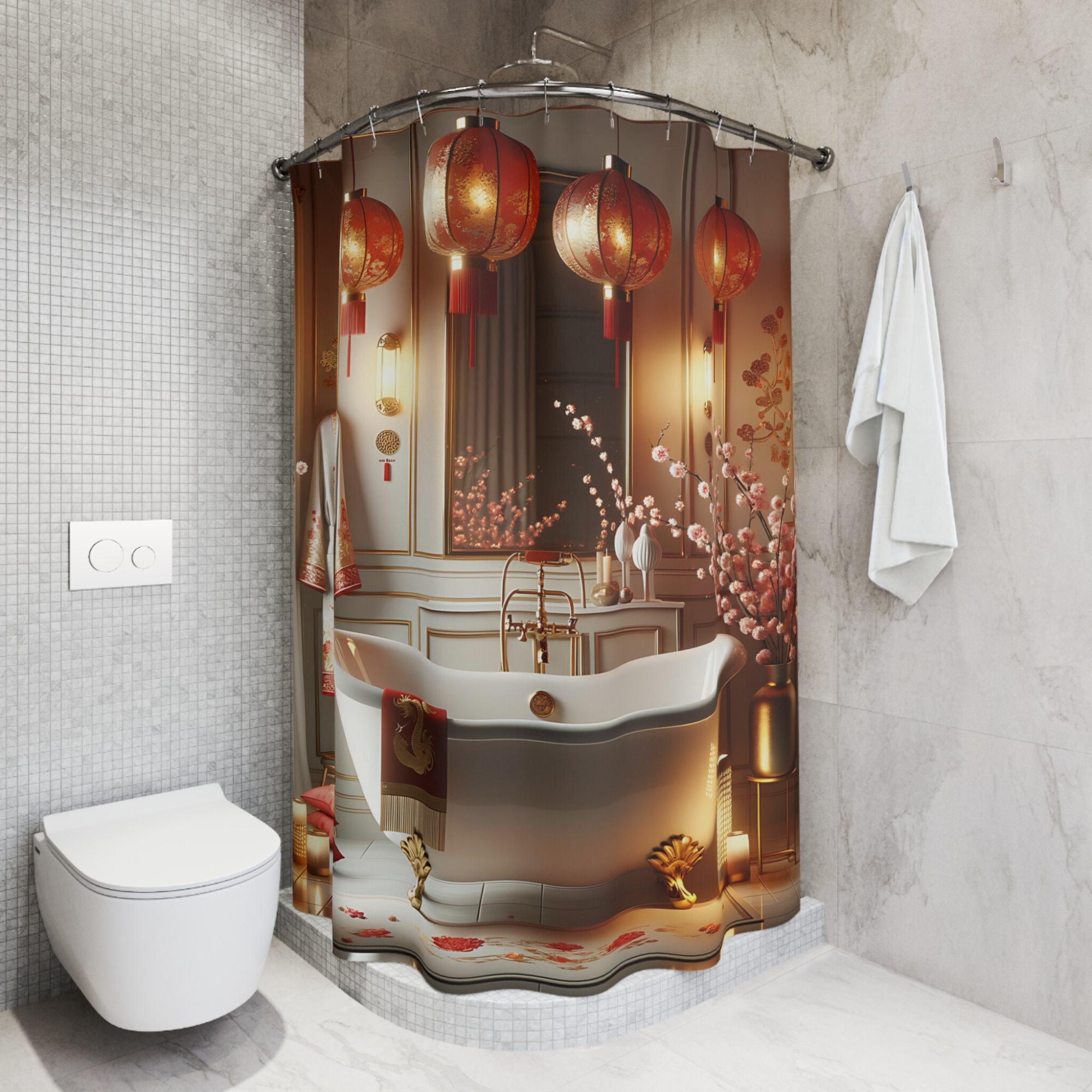 Chinese New Year Tranquility – Red Lantern & Blossom Shower Curtain