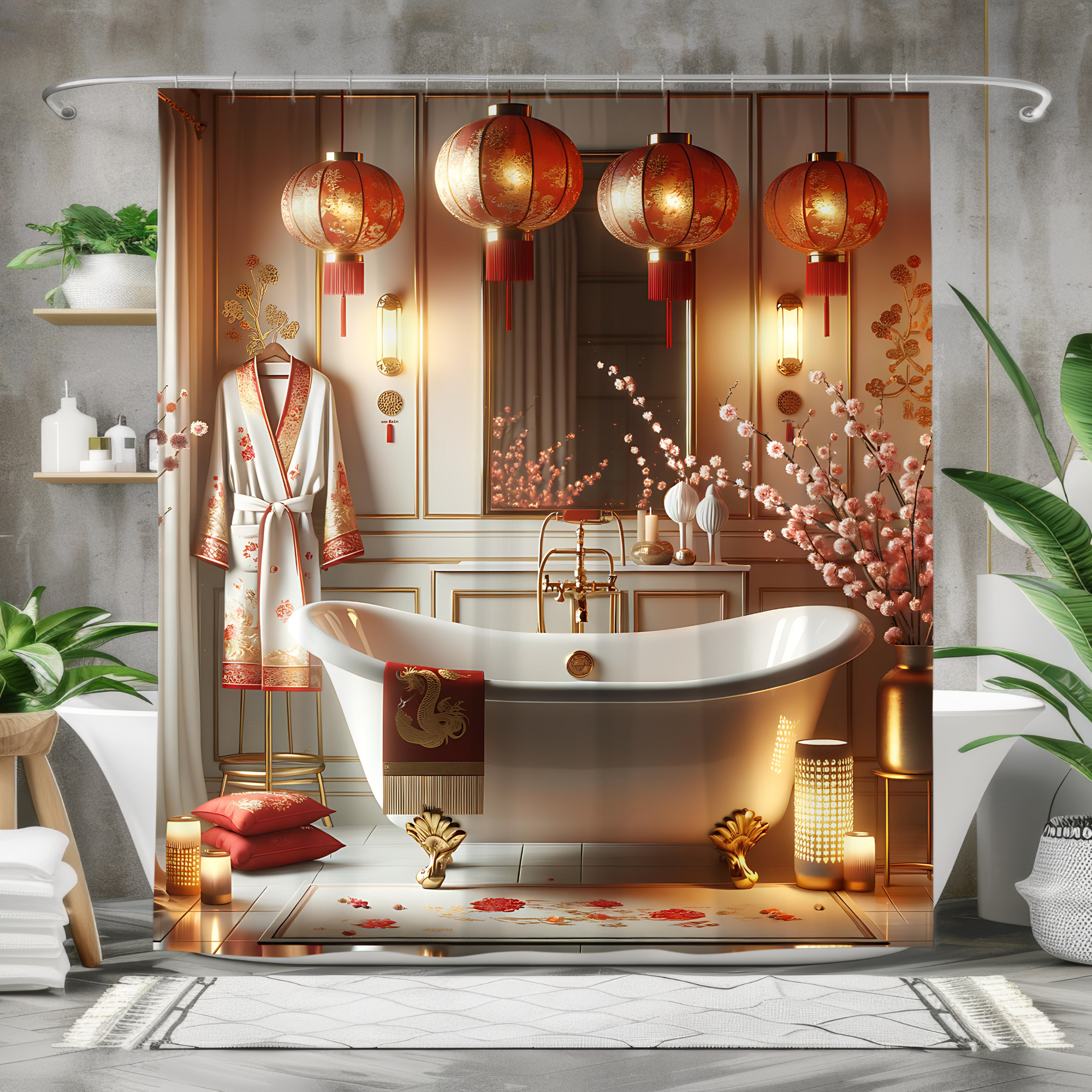 Chinese New Year Tranquility – Red Lantern & Blossom Shower Curtain