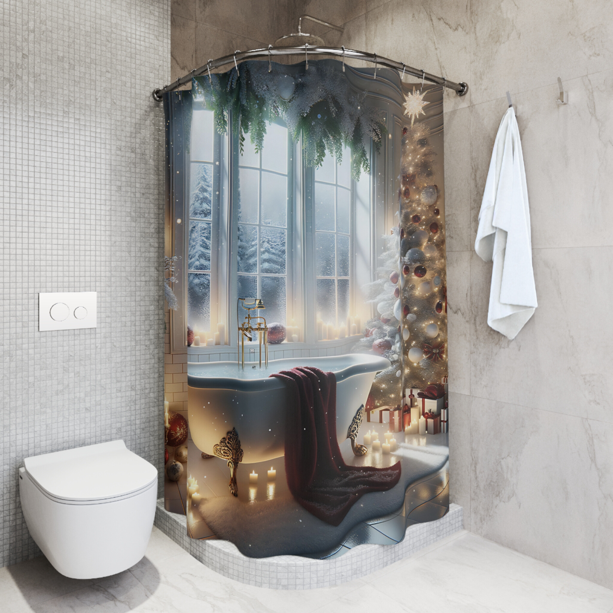 Christmas Eve Glow – Elegant Winter Bathroom Shower Curtain