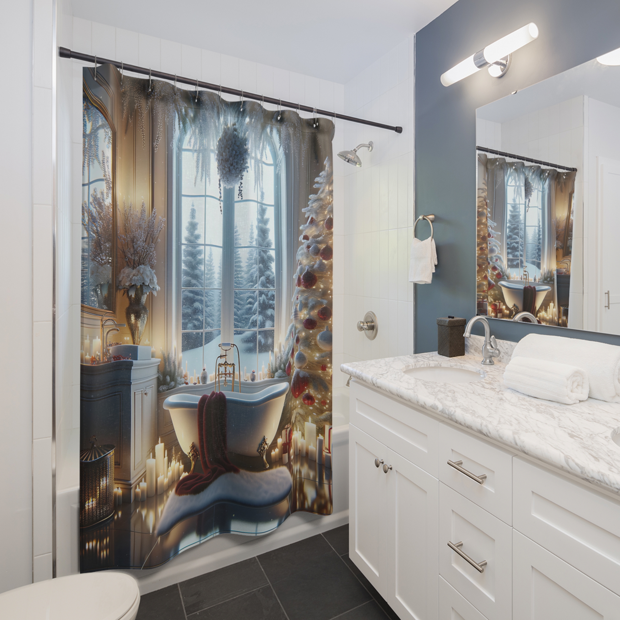 Snowy Christmas Morning – Elegant Holiday Bathroom Shower Curtain