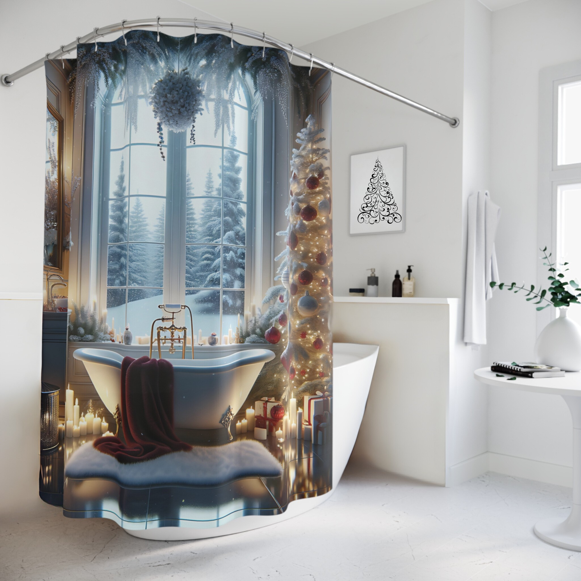 Snowy Christmas Morning – Elegant Holiday Bathroom Shower Curtain