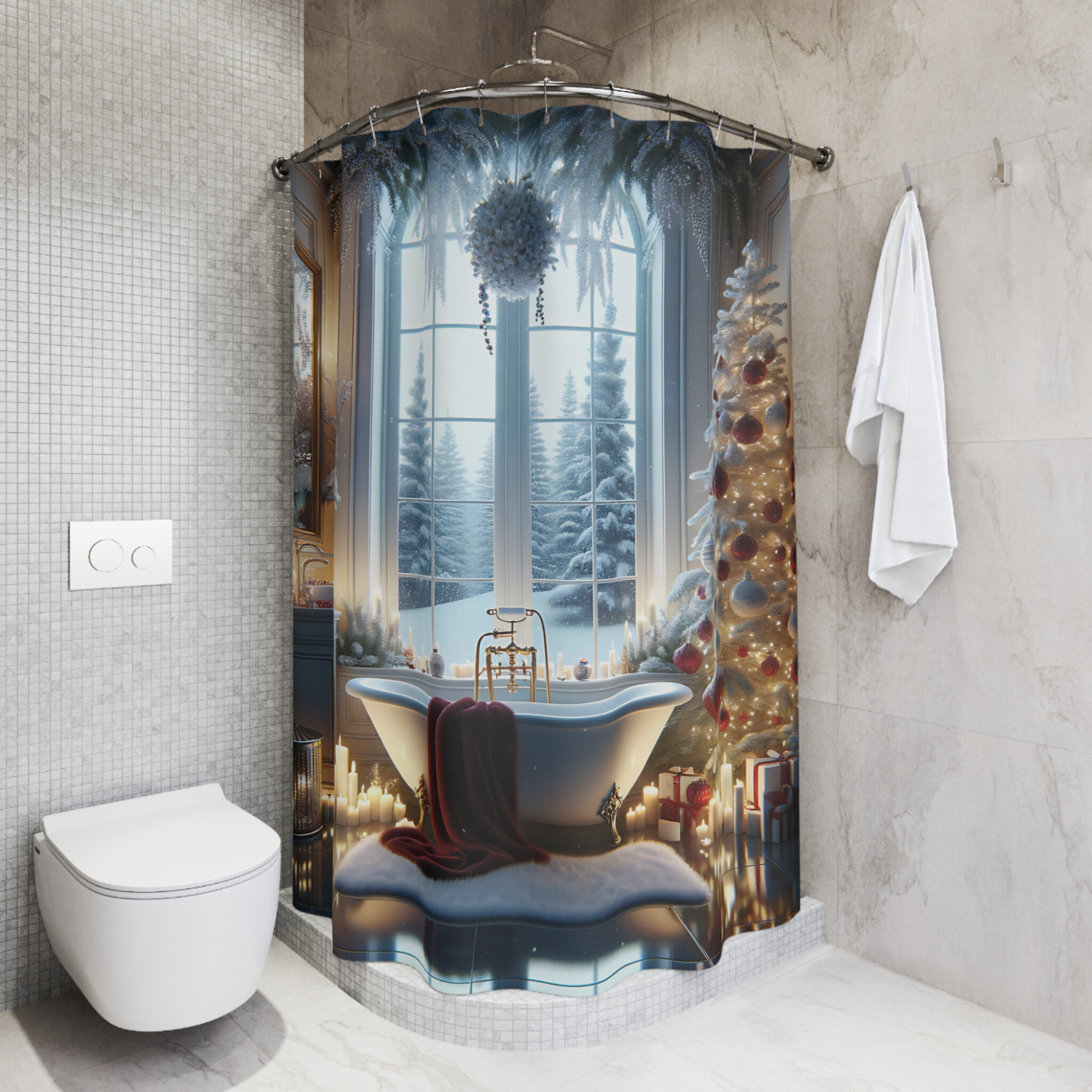 Snowy Christmas Morning – Elegant Holiday Bathroom Shower Curtain