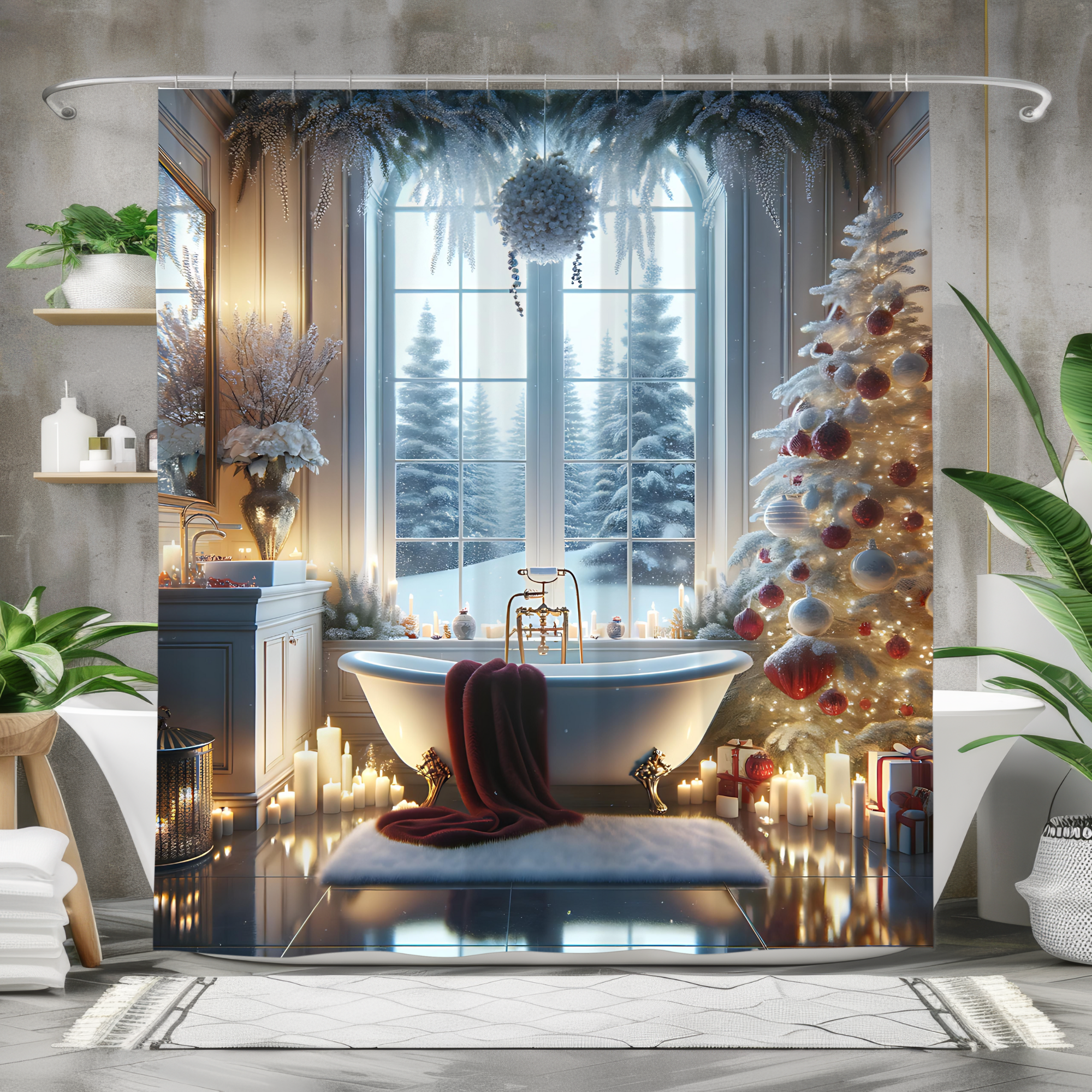 Snowy Christmas Morning – Elegant Holiday Bathroom Shower Curtain
