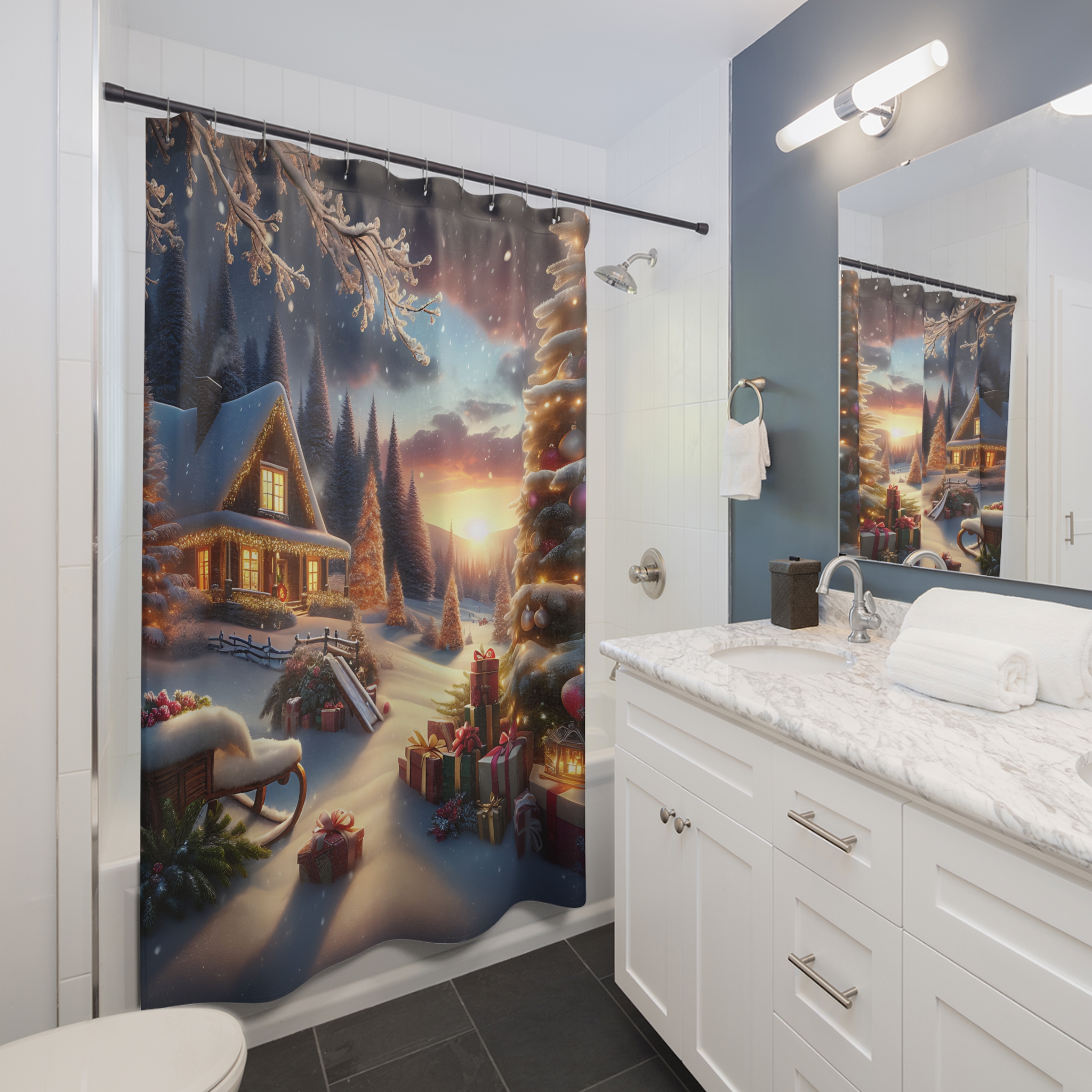 Christmas Cabin Sunset – Cozy Winter Holiday Shower Curtain