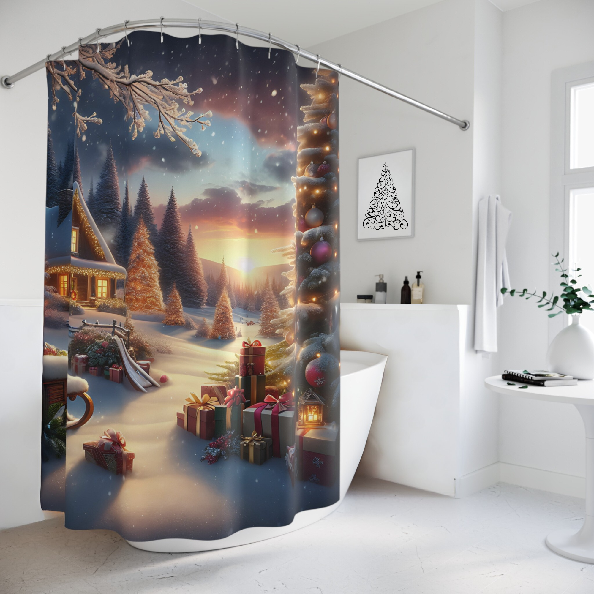 Christmas Cabin Sunset – Cozy Winter Holiday Shower Curtain