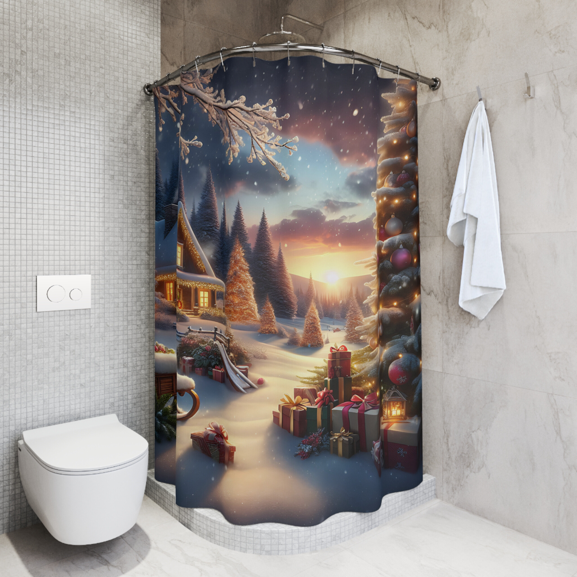Christmas Cabin Sunset – Cozy Winter Holiday Shower Curtain