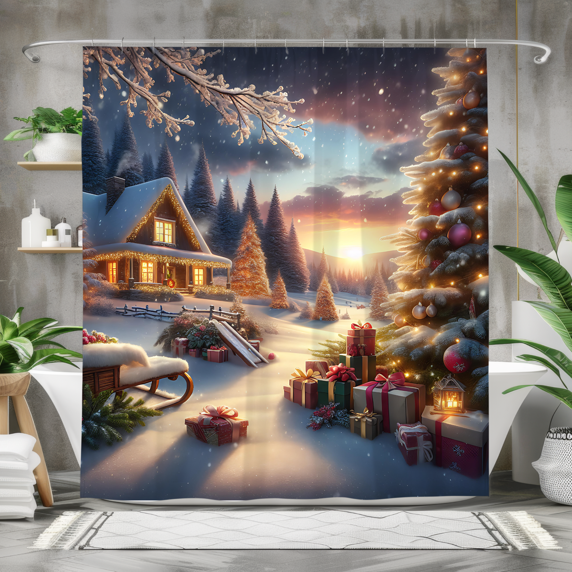 Christmas Cabin Sunset – Cozy Winter Holiday Shower Curtain