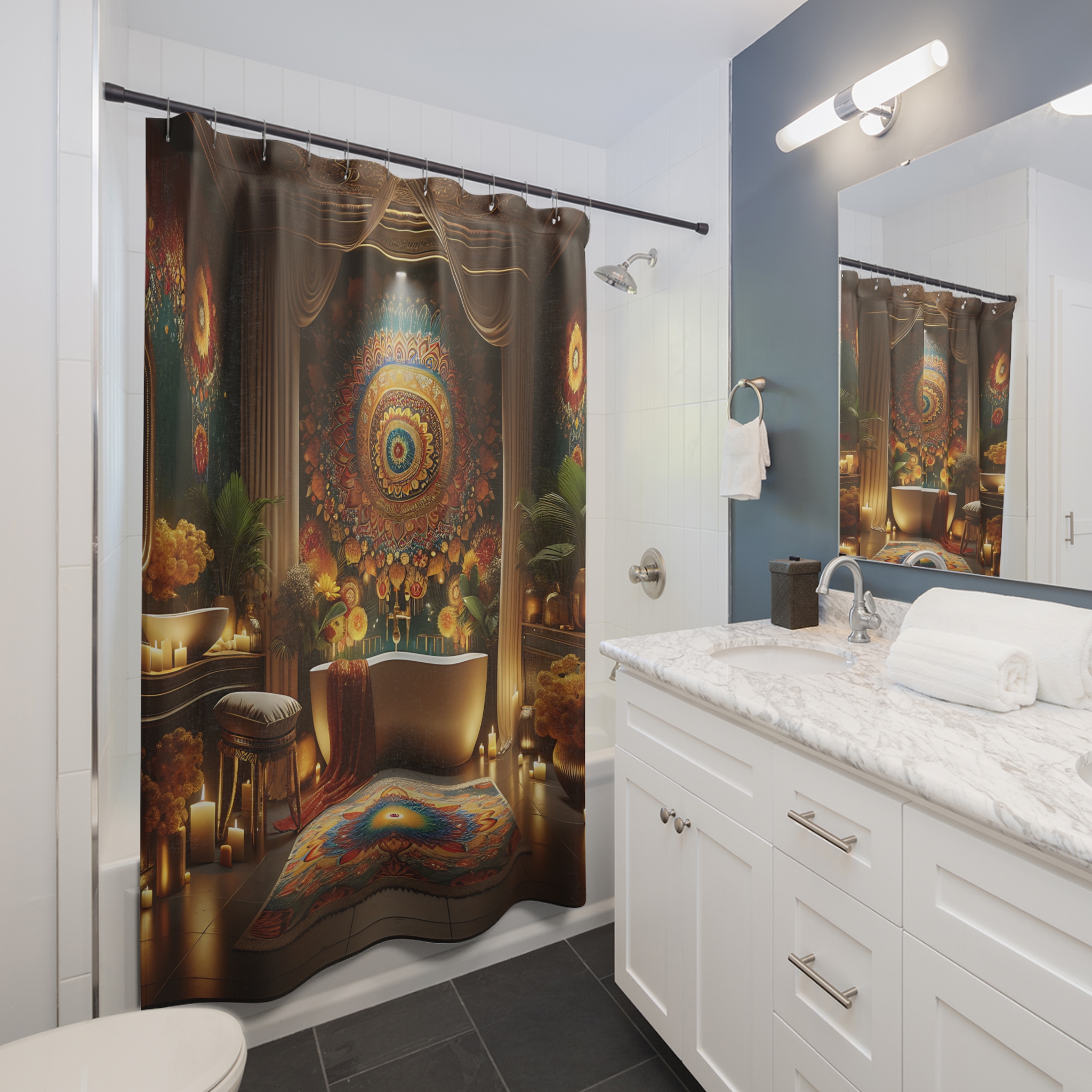 Mandala Radiance – Deep Jewel-Toned Diwali Shower Curtain