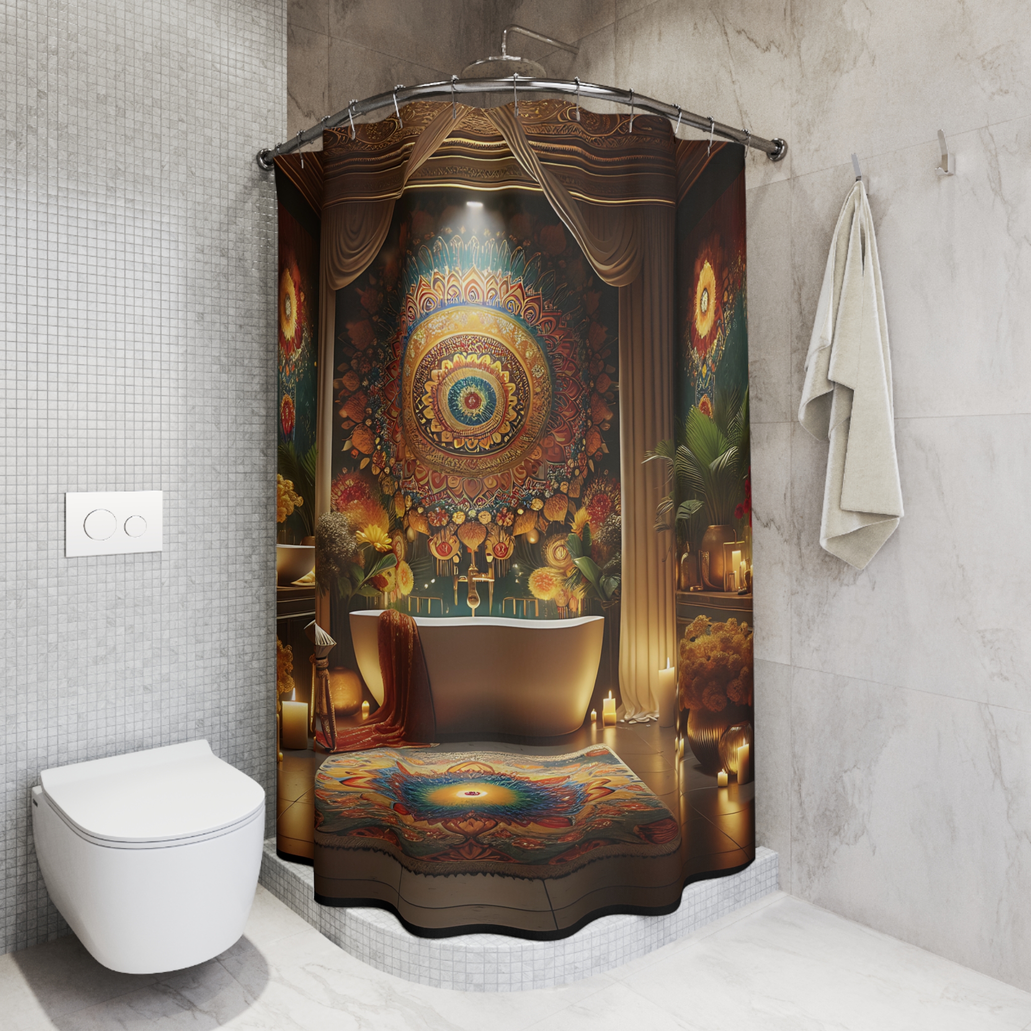 Mandala Radiance – Deep Jewel-Toned Diwali Shower Curtain