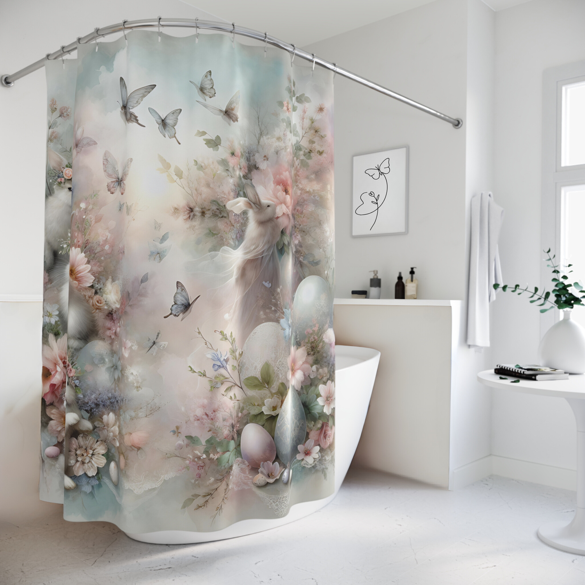 Whimsical Easter Garden – Pastel Bunny & Egg Shower Curtain
