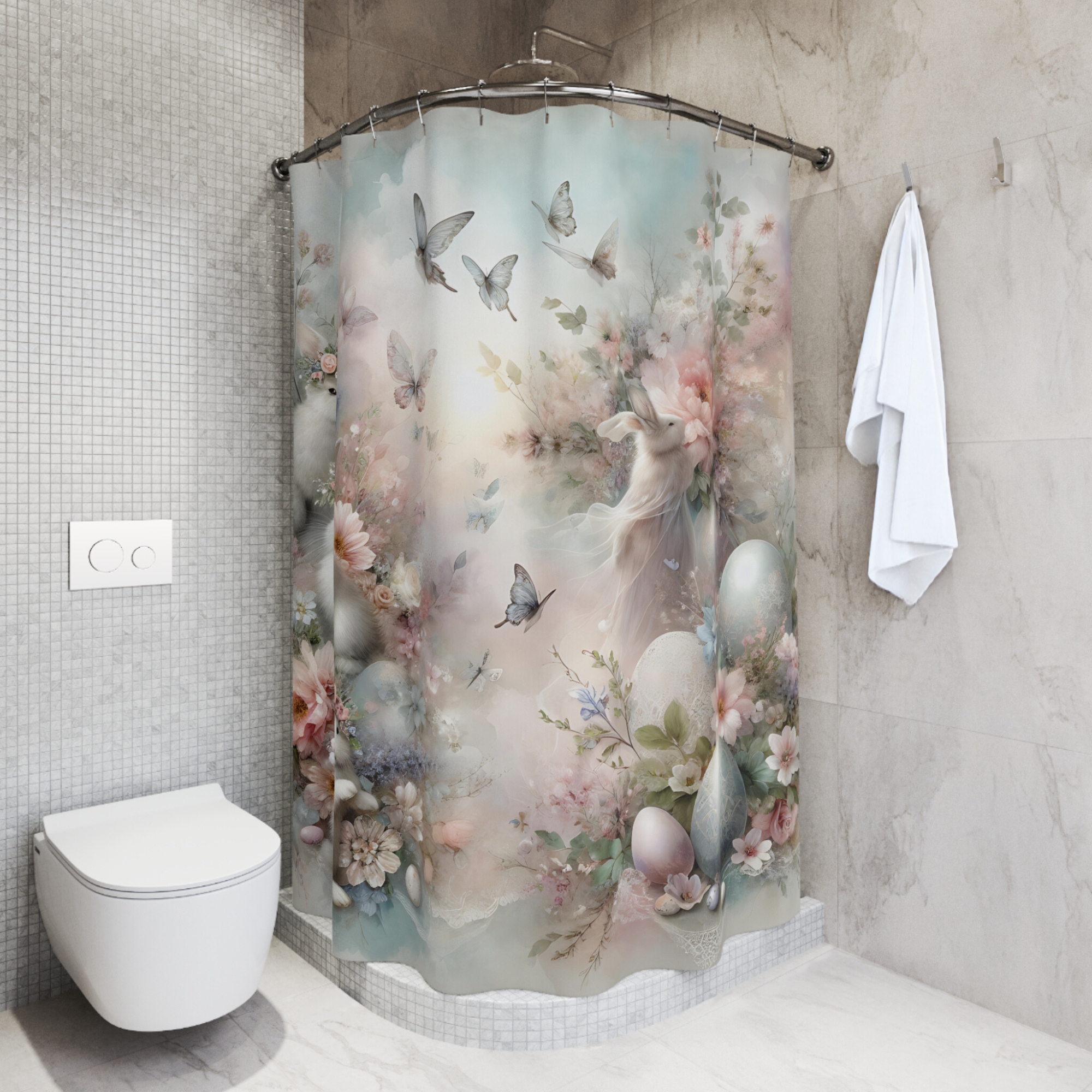 Whimsical Easter Garden – Pastel Bunny & Egg Shower Curtain