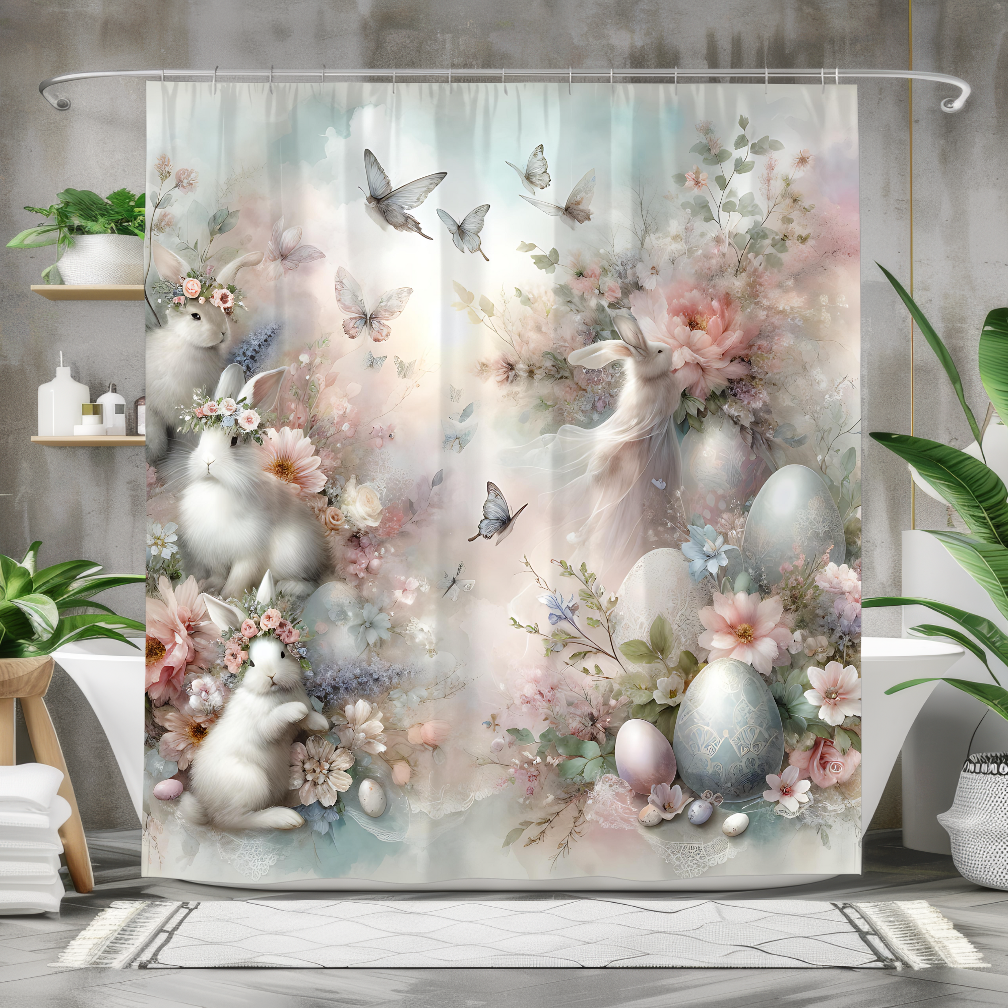 Whimsical Easter Garden – Pastel Bunny & Egg Shower Curtain