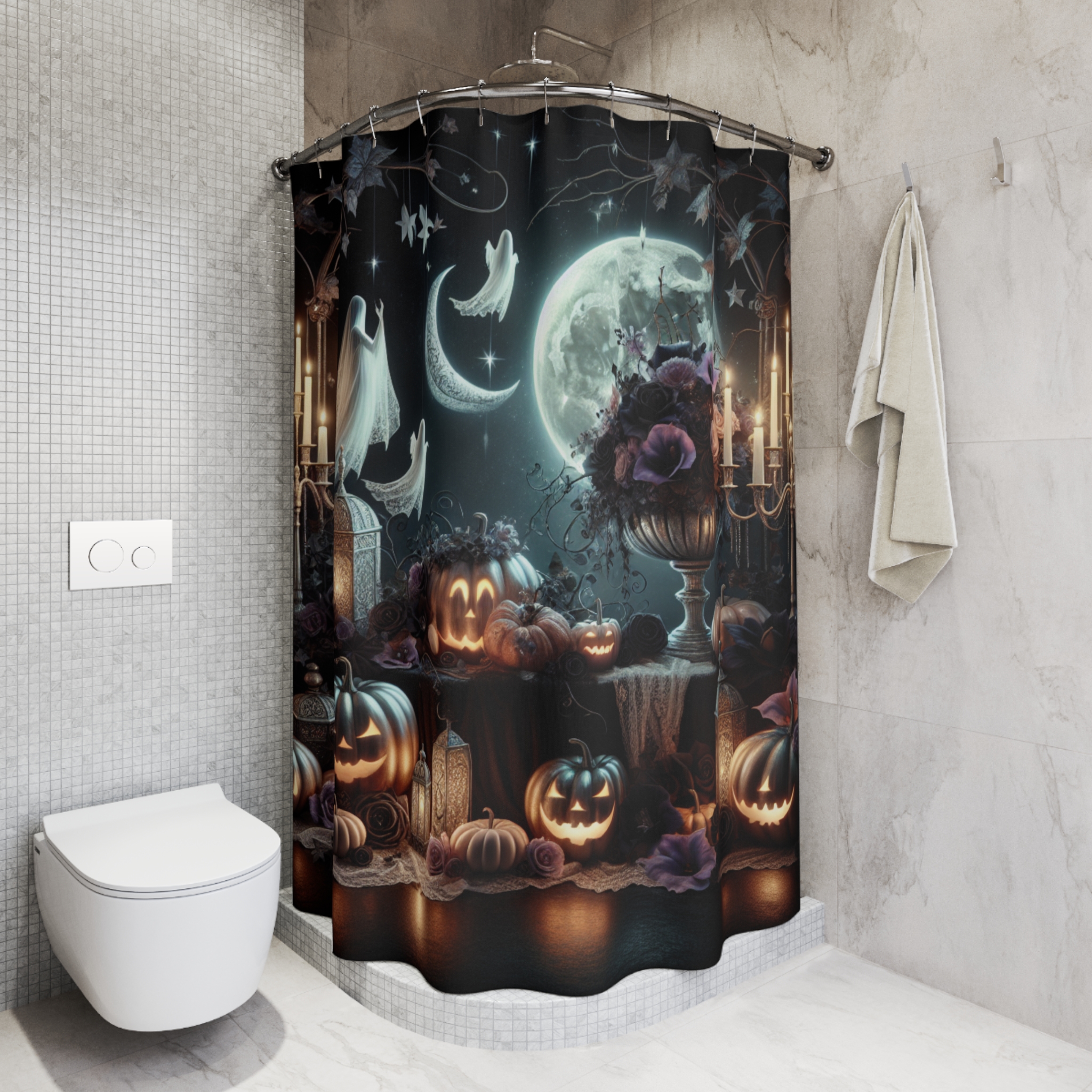 Ghostly Lantern Gathering – Elegant Halloween Shower Curtain