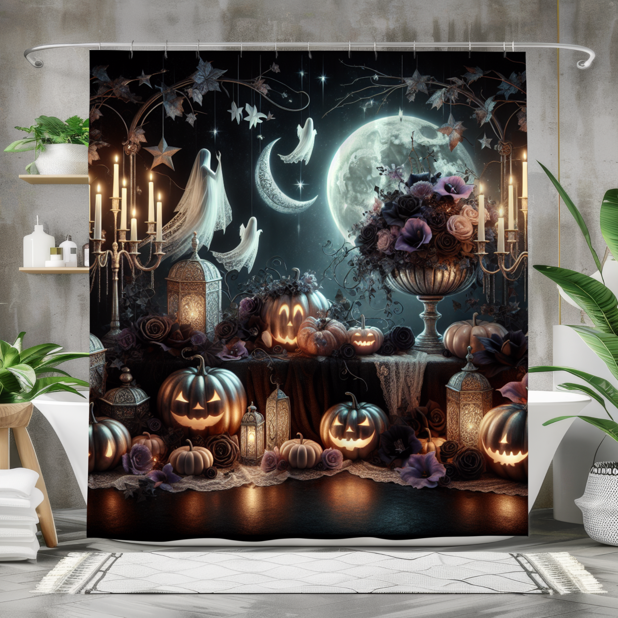 Ghostly Lantern Gathering – Elegant Halloween Shower Curtain