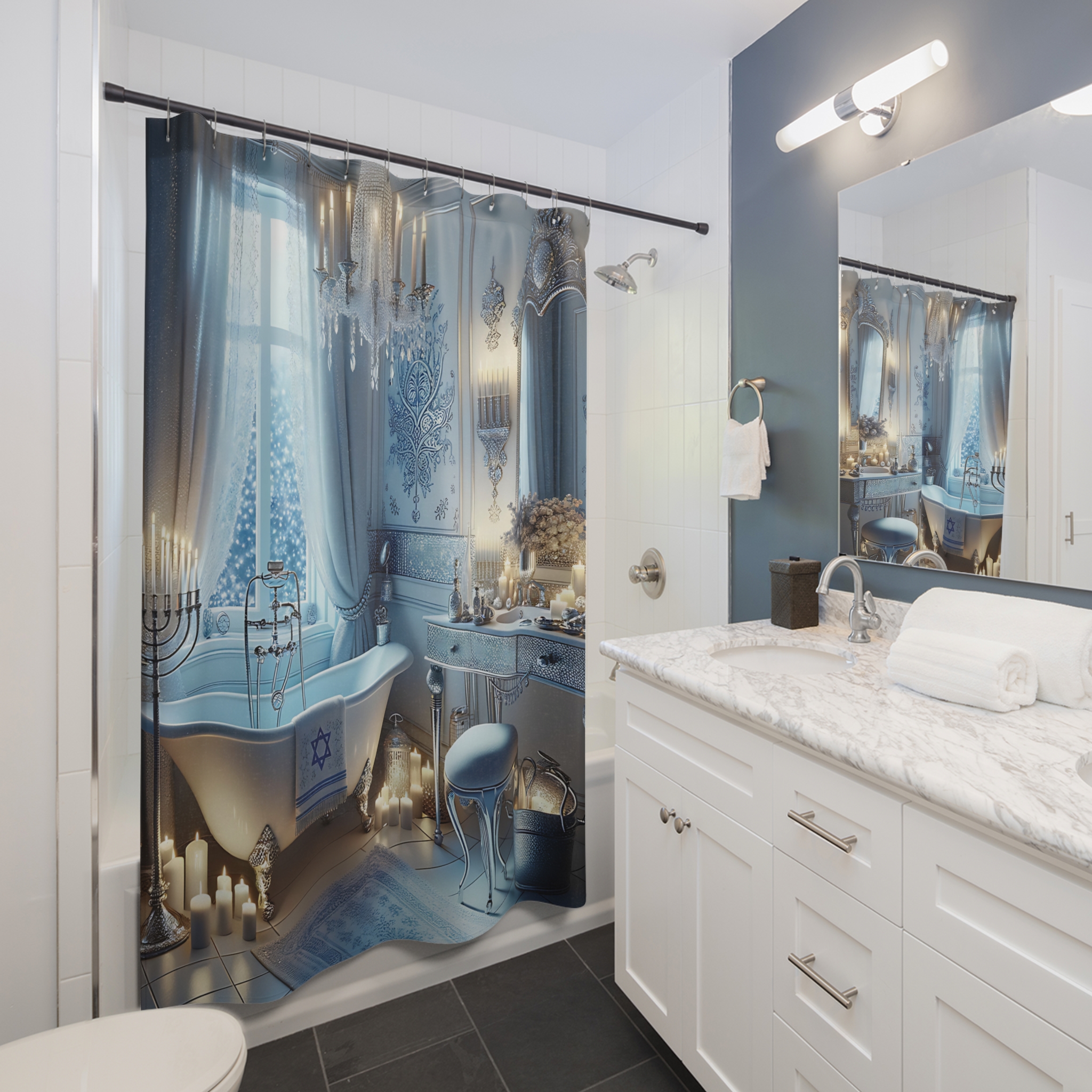 Elegant Hanukkah Glow – Blue and Silver Bathroom Shower Curtain