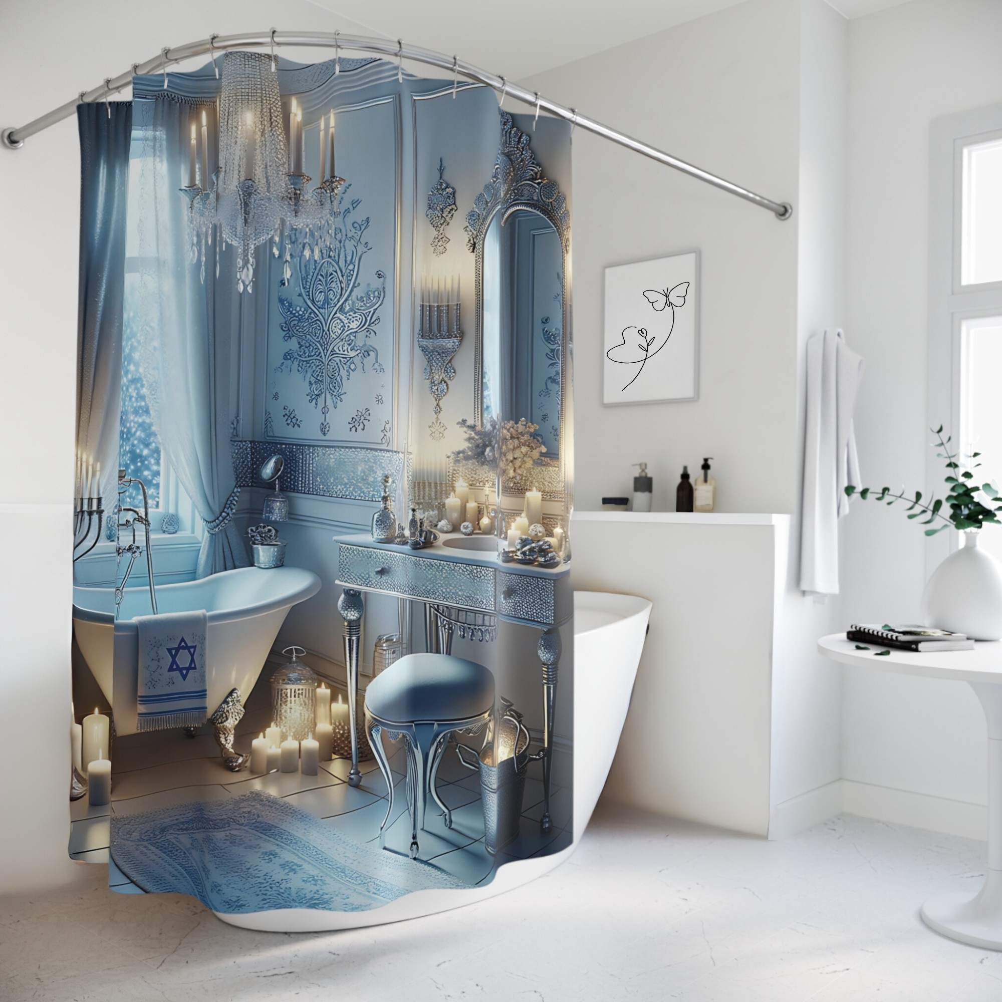 Elegant Hanukkah Glow – Blue and Silver Bathroom Shower Curtain