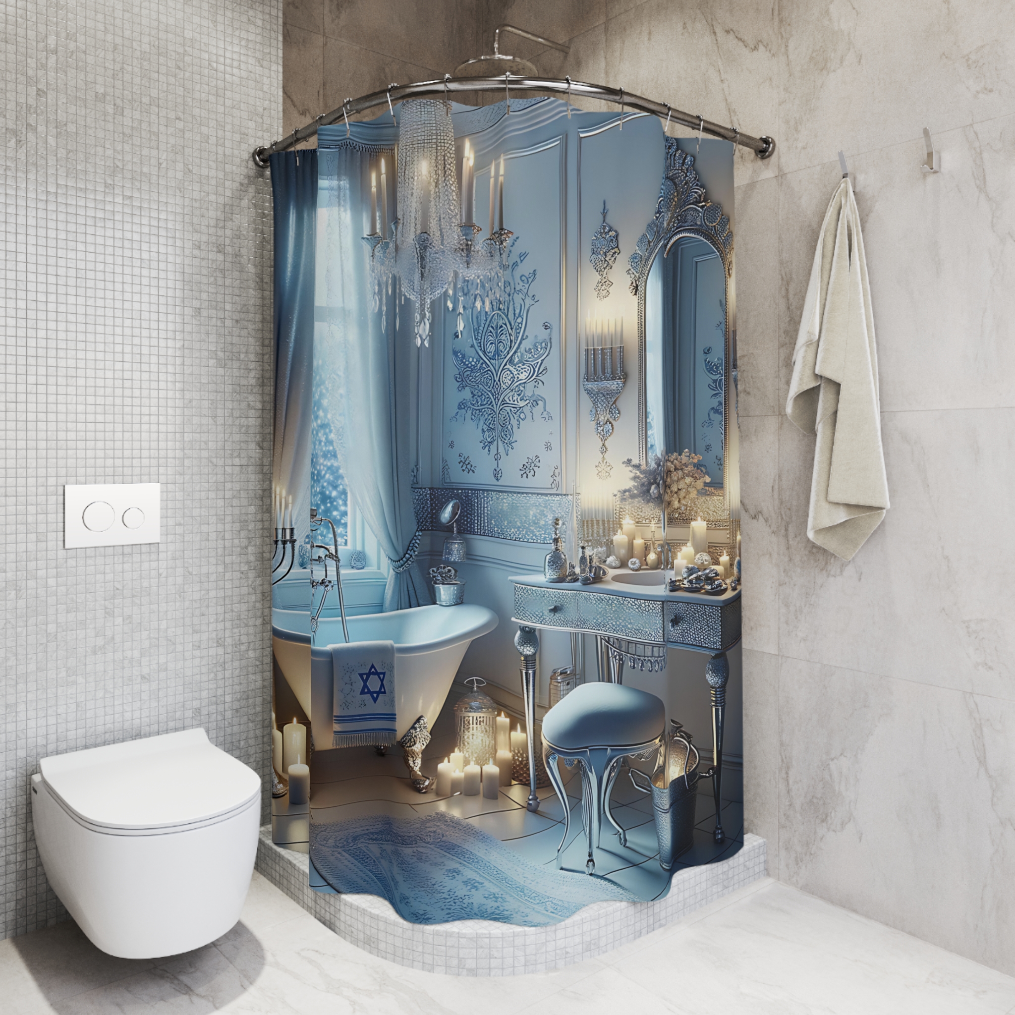 Elegant Hanukkah Glow – Blue and Silver Bathroom Shower Curtain