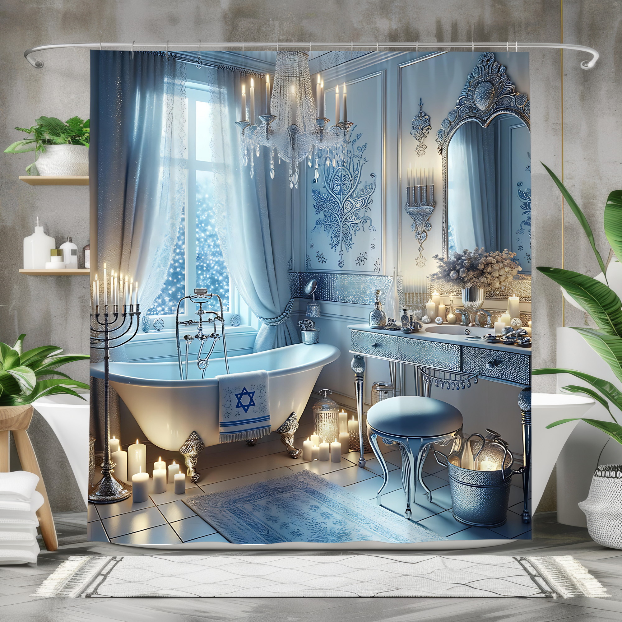 Elegant Hanukkah Glow – Blue and Silver Bathroom Shower Curtain
