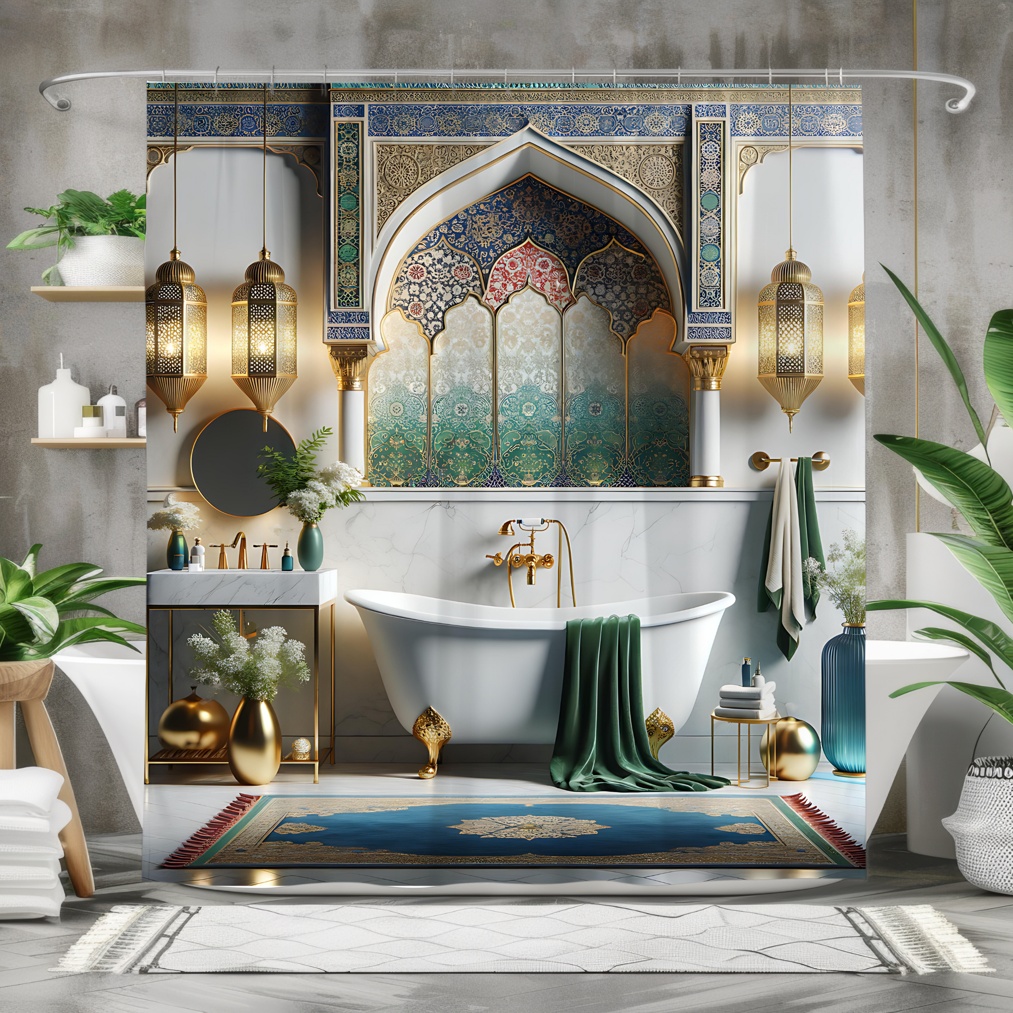 Golden Arch Ramadan Retreat – Sacred Islamic Shower Curtain