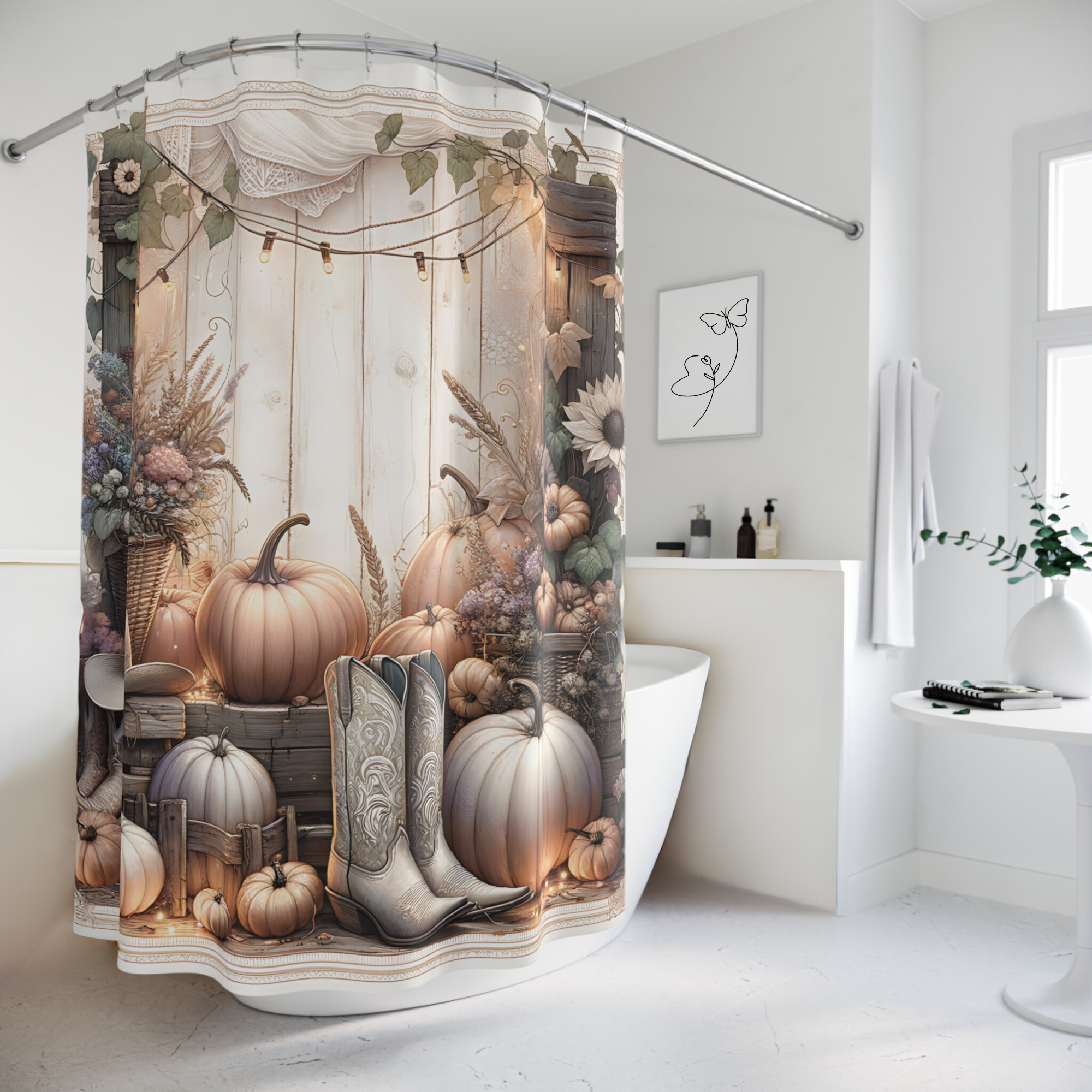 Pumpkin Porch With Cowgirl Boots – Rustic Fall Shower Curtain