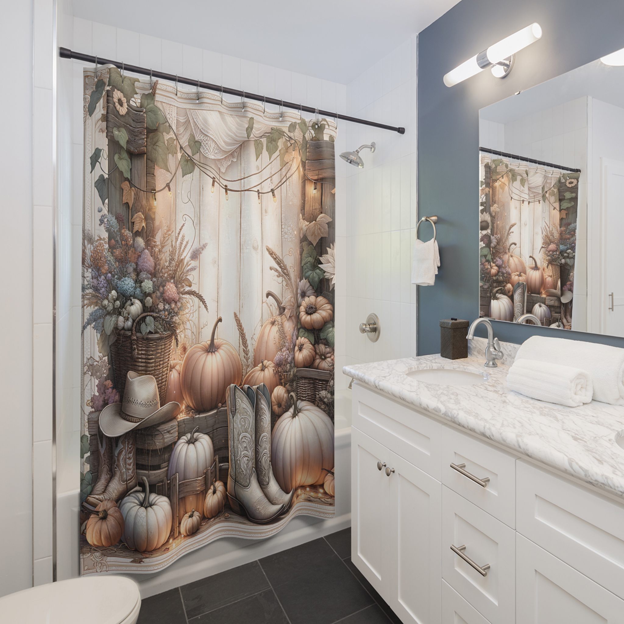 Pumpkin Porch With Cowgirl Boots – Rustic Fall Shower Curtain