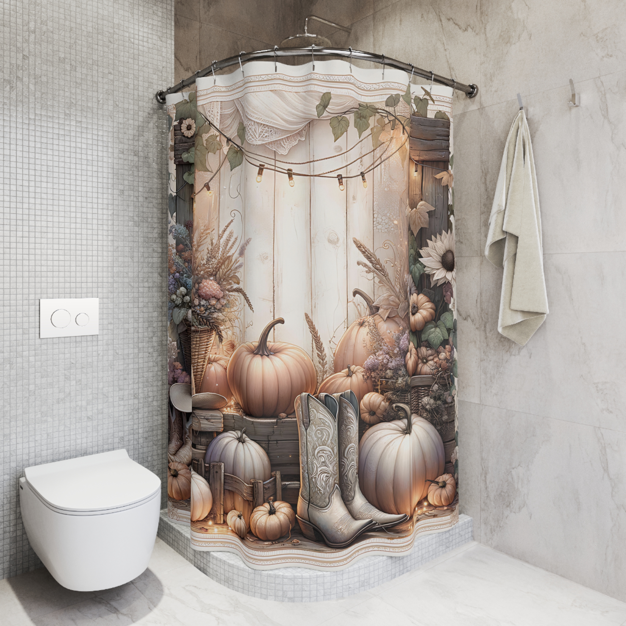 Pumpkin Porch With Cowgirl Boots – Rustic Fall Shower Curtain
