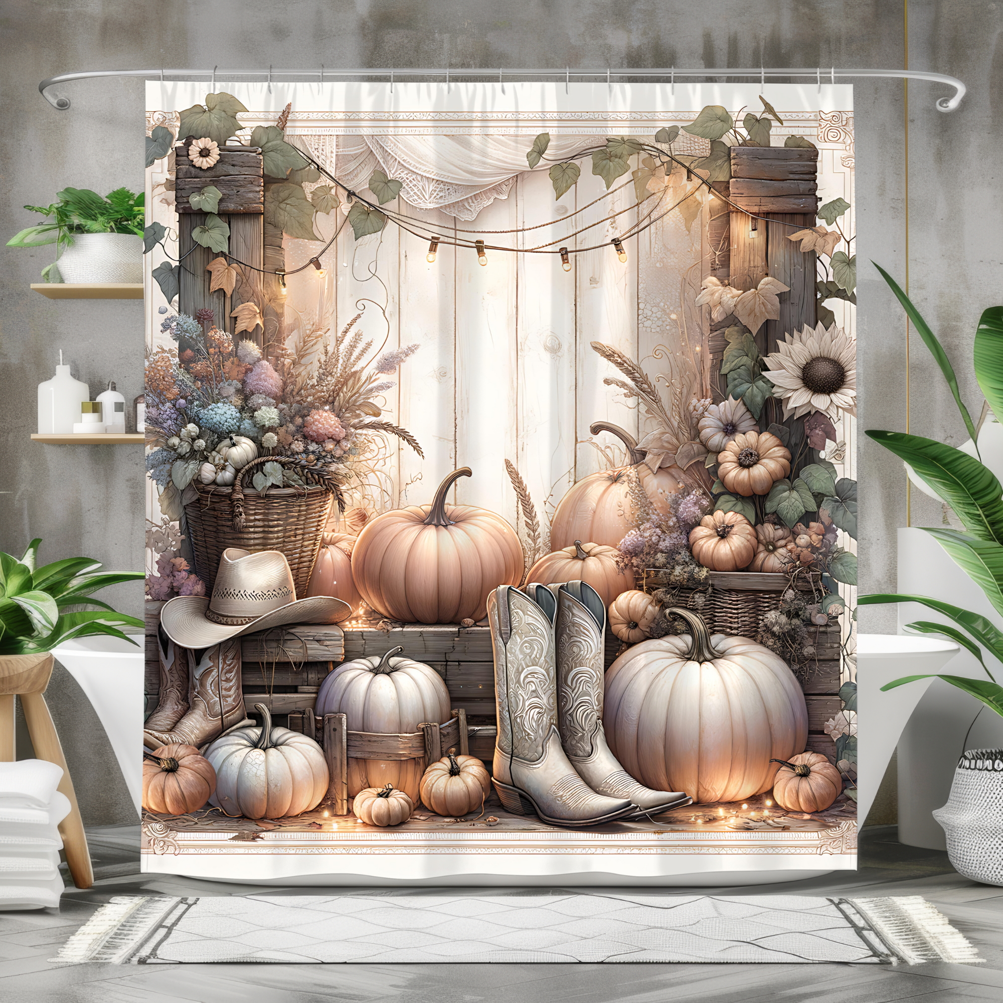 Pumpkin Porch With Cowgirl Boots – Rustic Fall Shower Curtain