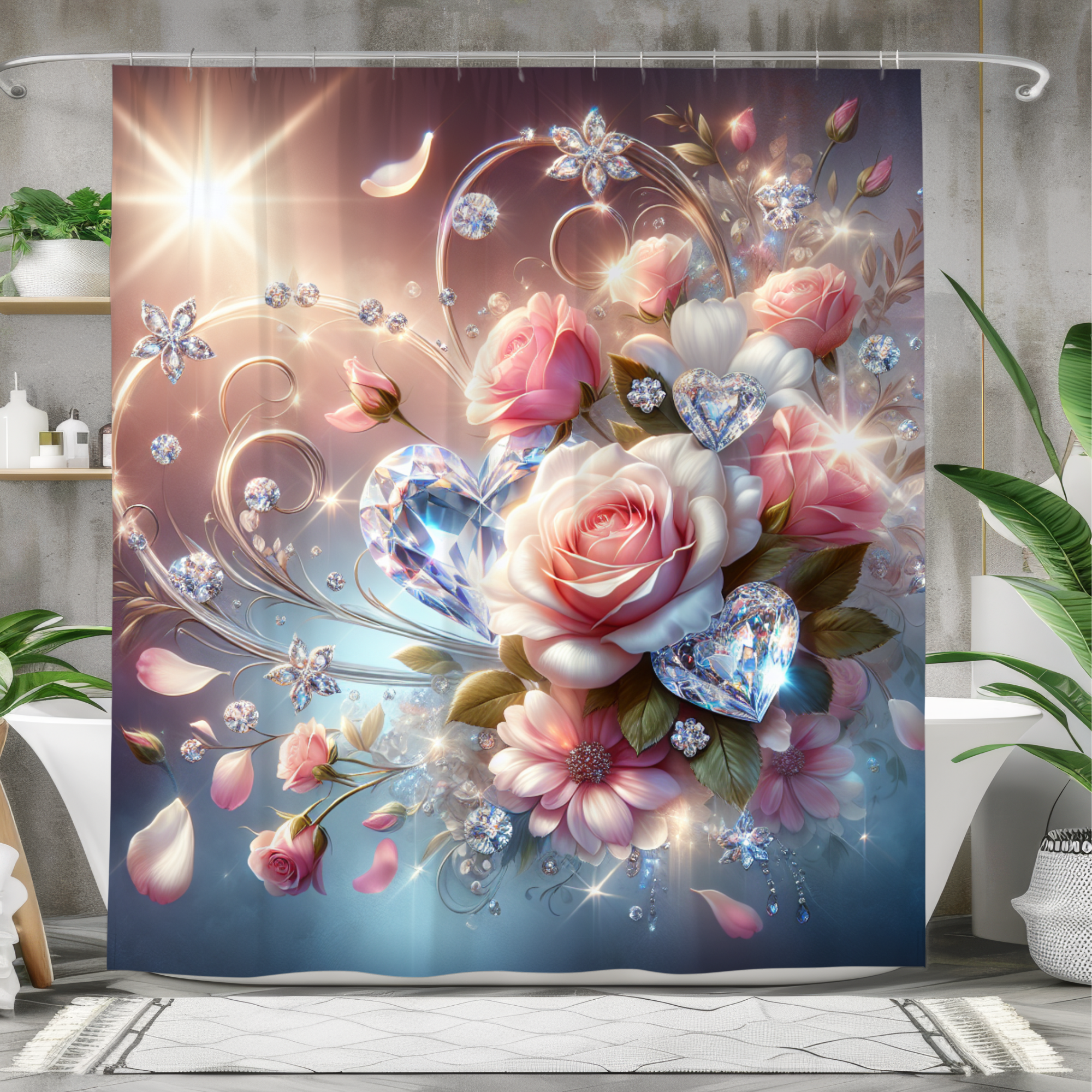 Sparkling Rose & Crystal Hearts – Valentine’s Day Shower Curtain