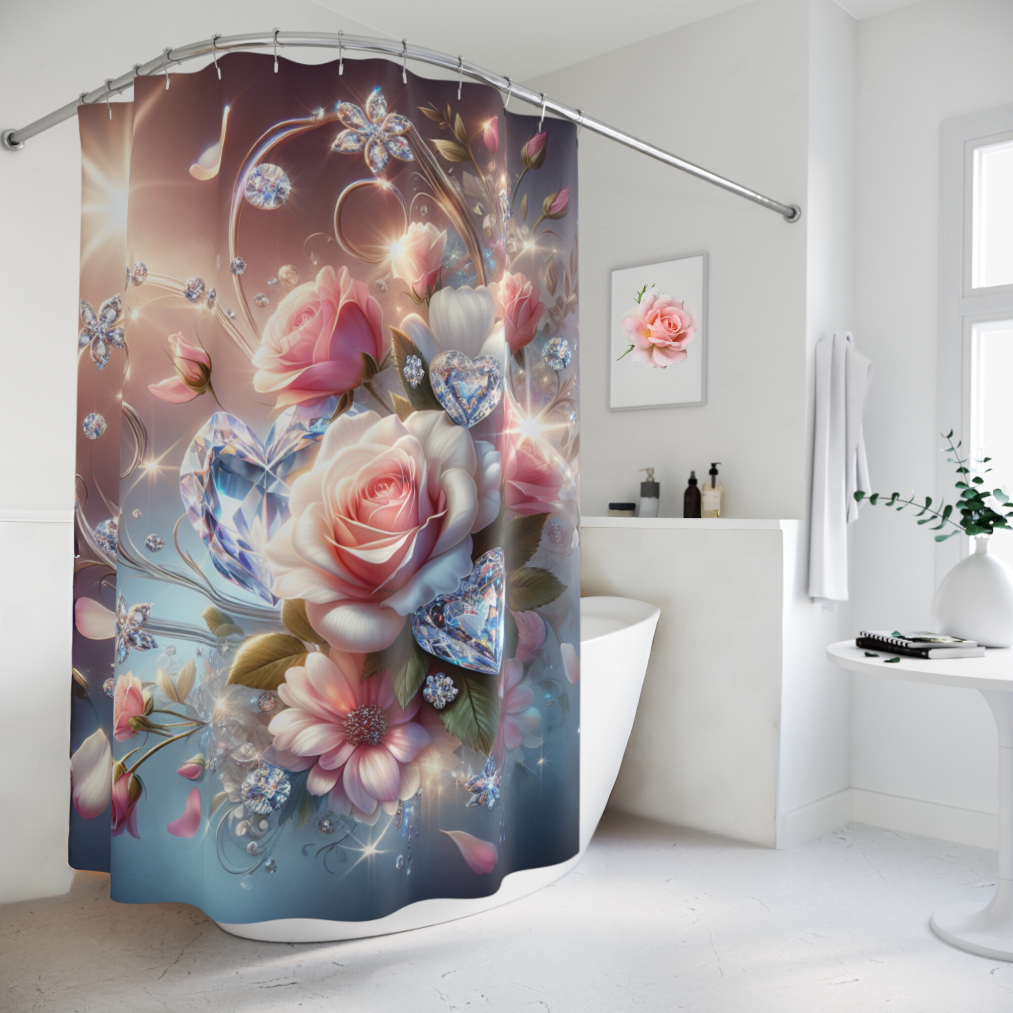 Sparkling Rose & Crystal Hearts – Valentine’s Day Shower Curtain