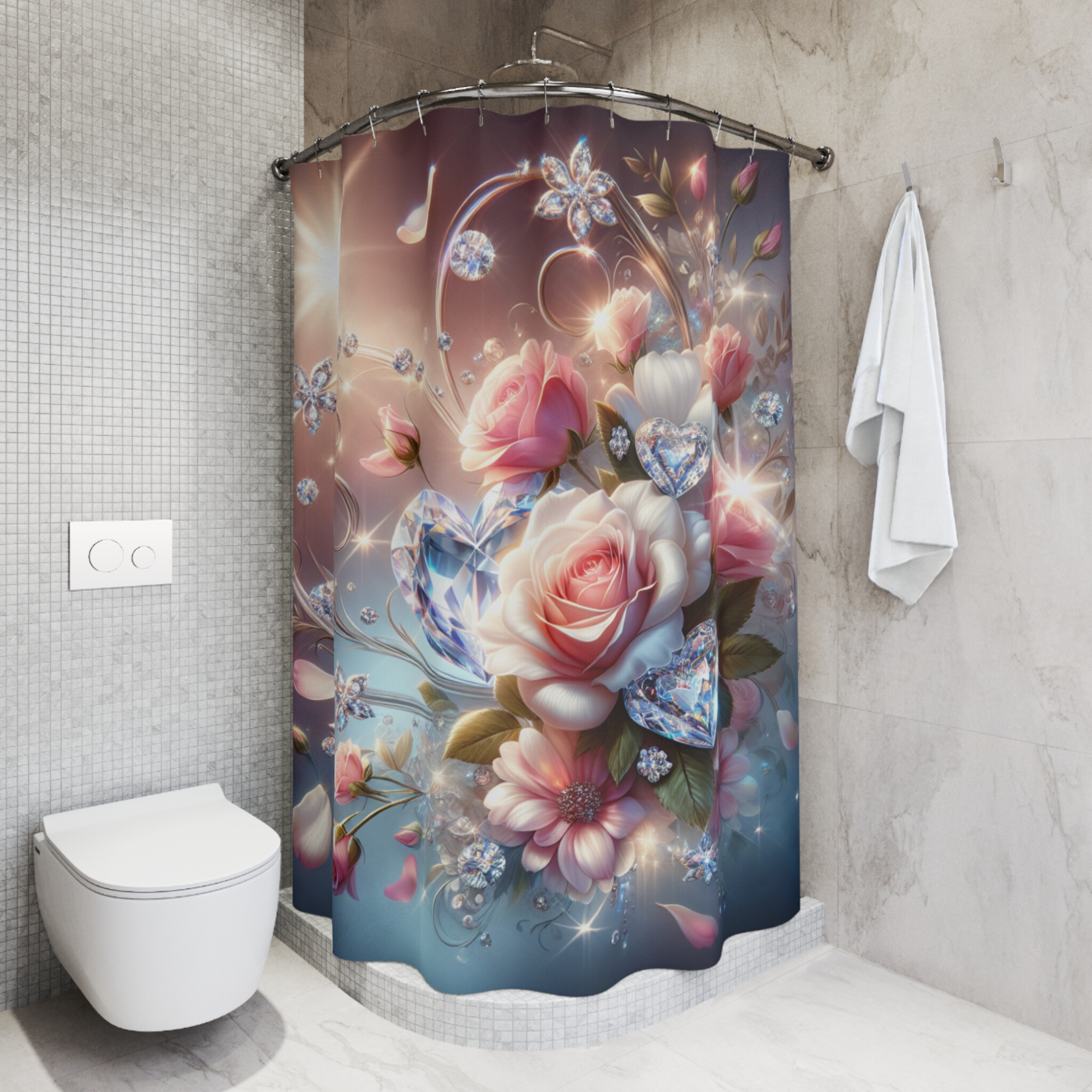 Sparkling Rose & Crystal Hearts – Valentine’s Day Shower Curtain