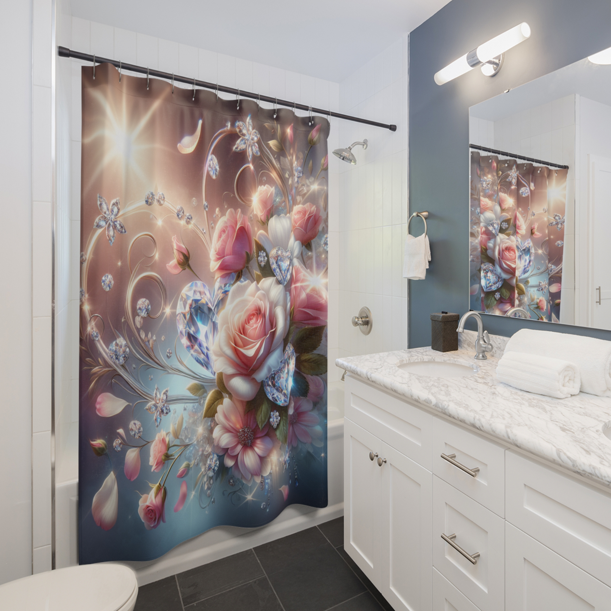Sparkling Rose & Crystal Hearts – Valentine’s Day Shower Curtain