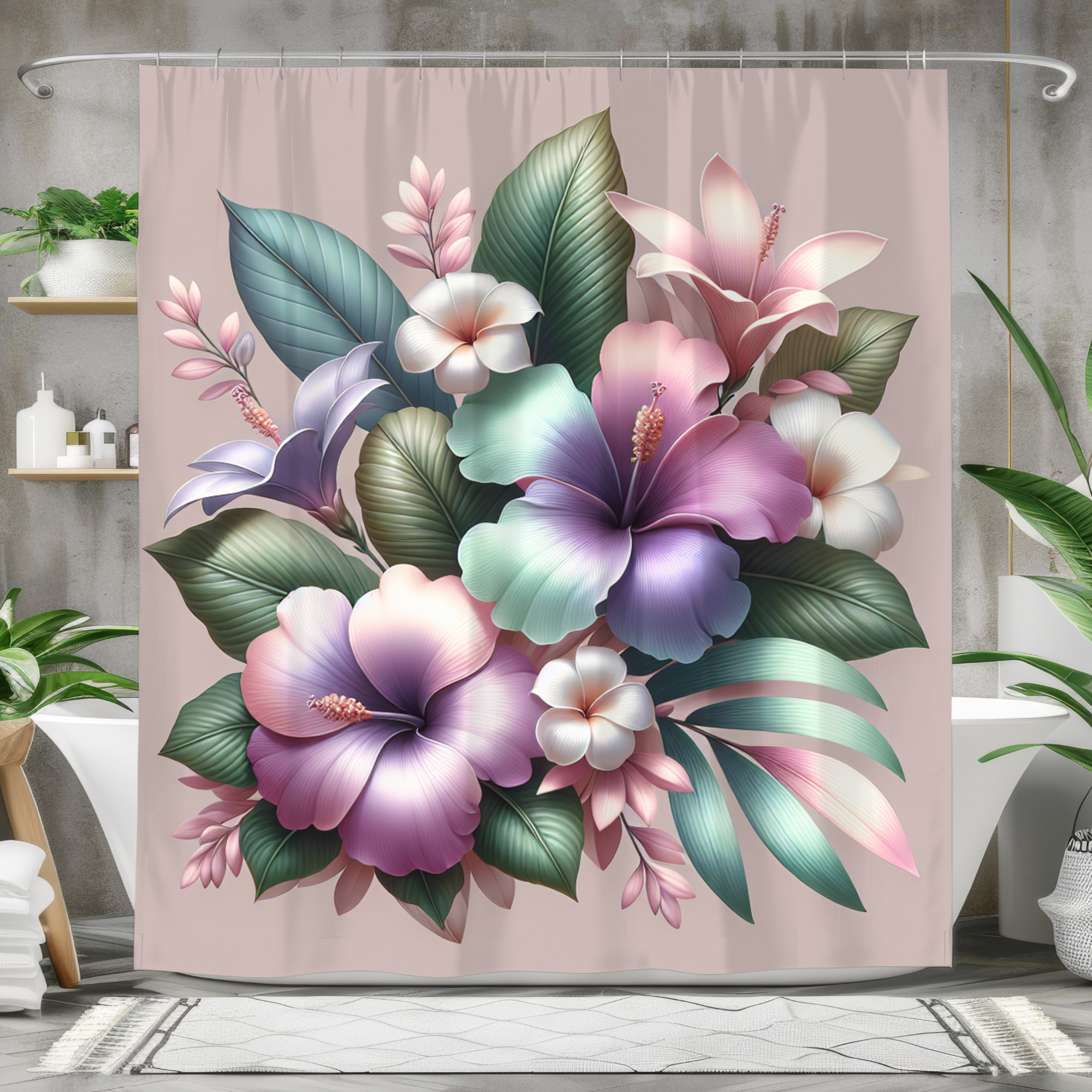 Tropical Hibiscus Bloom – Pastel Floral Shower Curtain