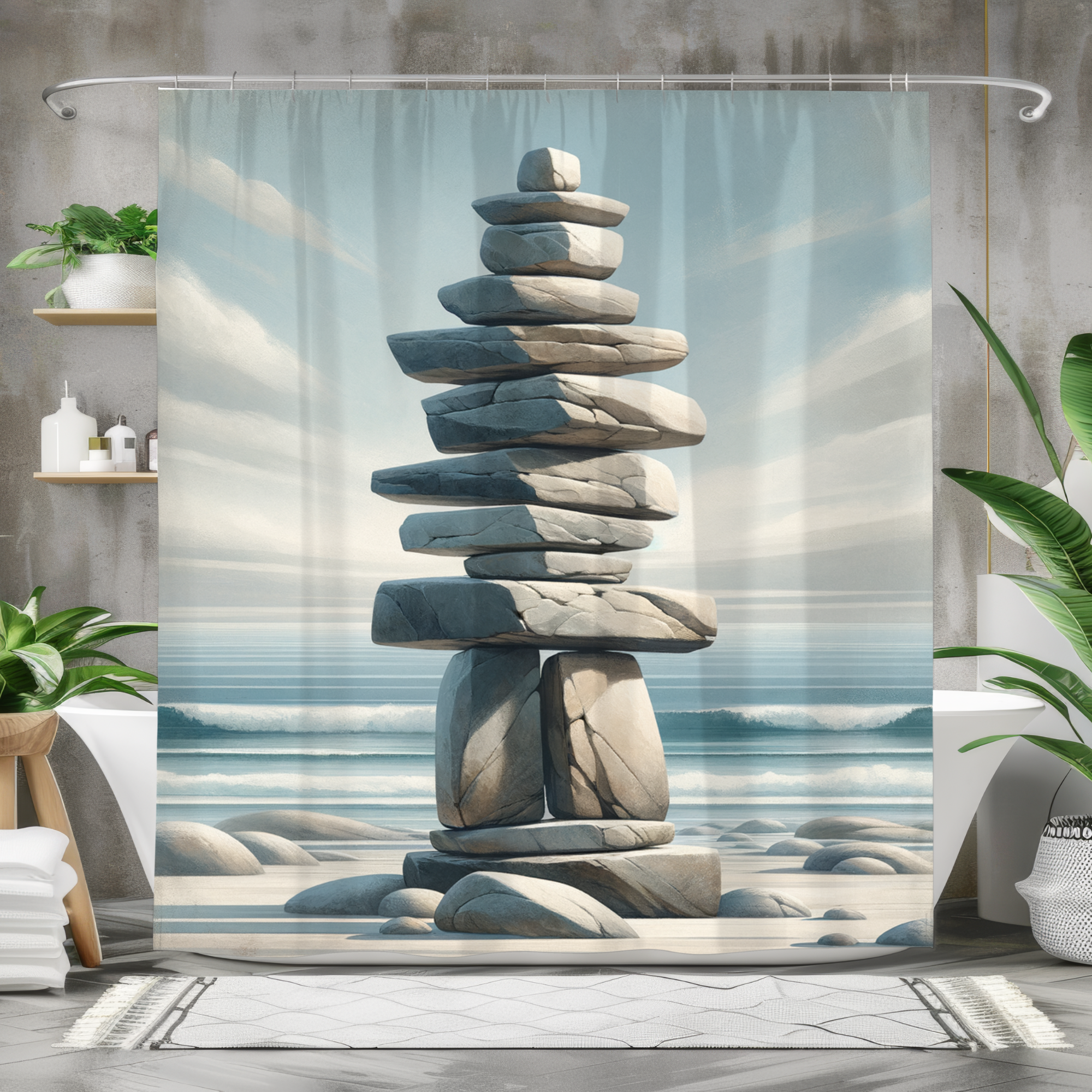 Coastal Inuksuk Balance – Serene Stone Stack Shower Curtain