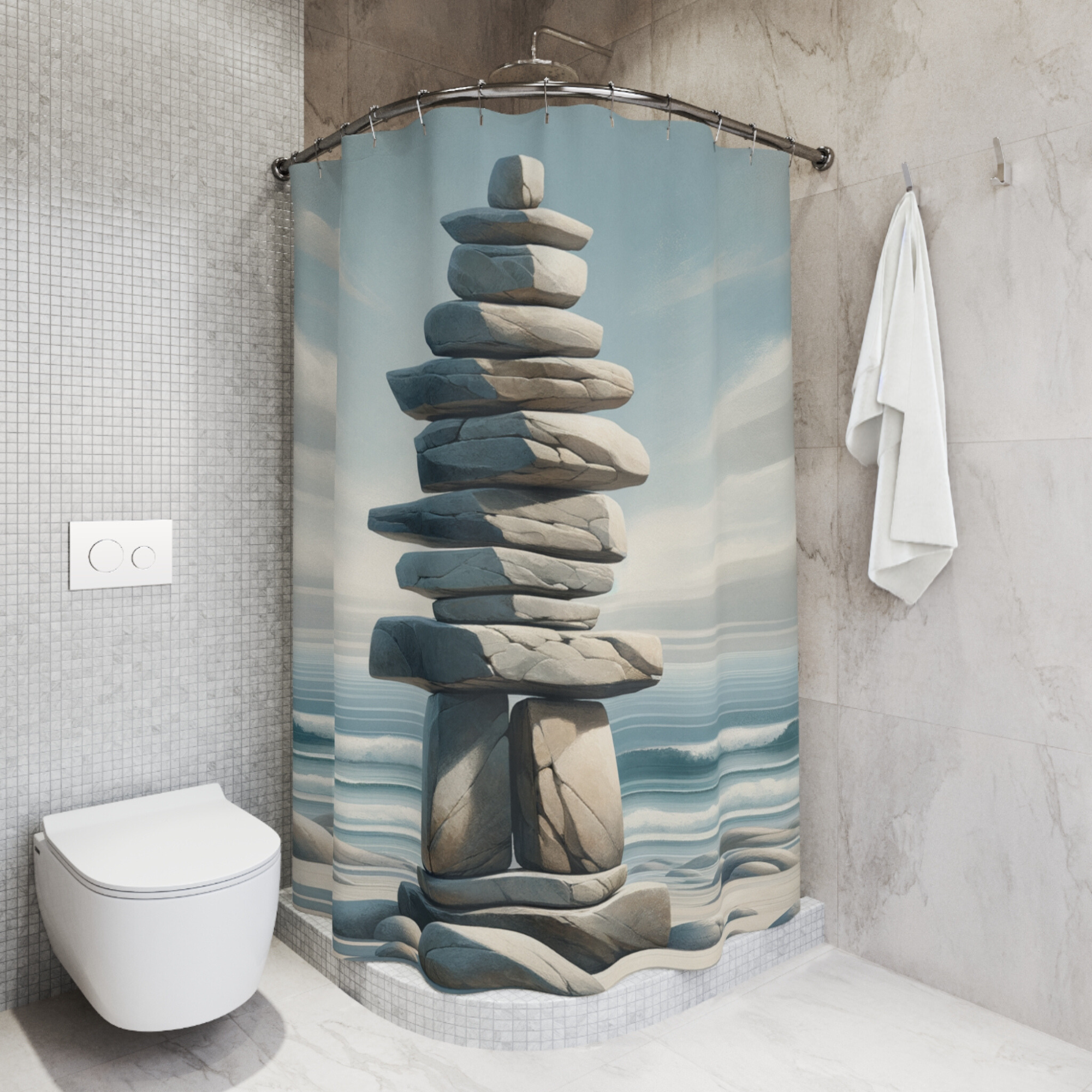 Coastal Inuksuk Balance – Serene Stone Stack Shower Curtain