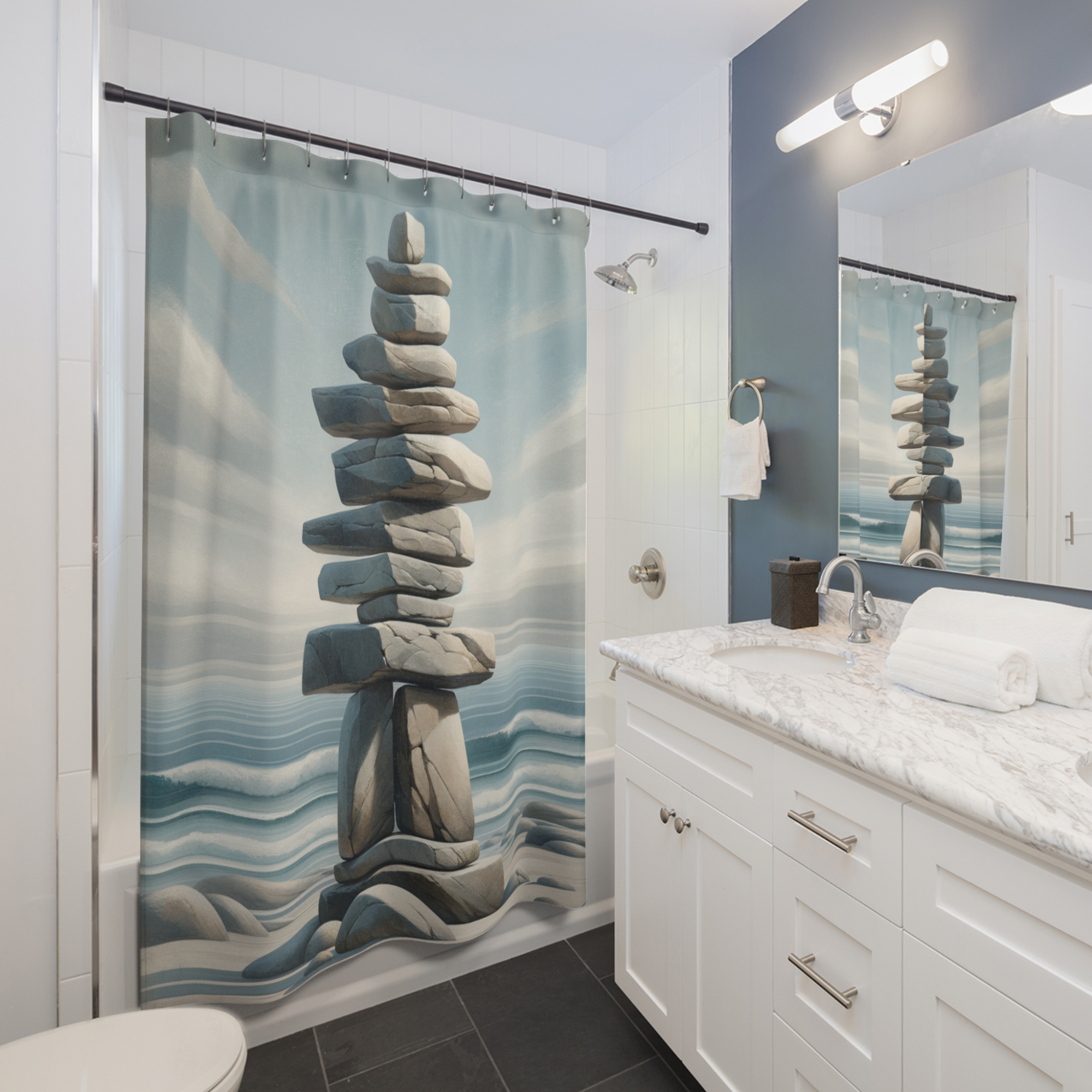 Coastal Inuksuk Balance – Serene Stone Stack Shower Curtain