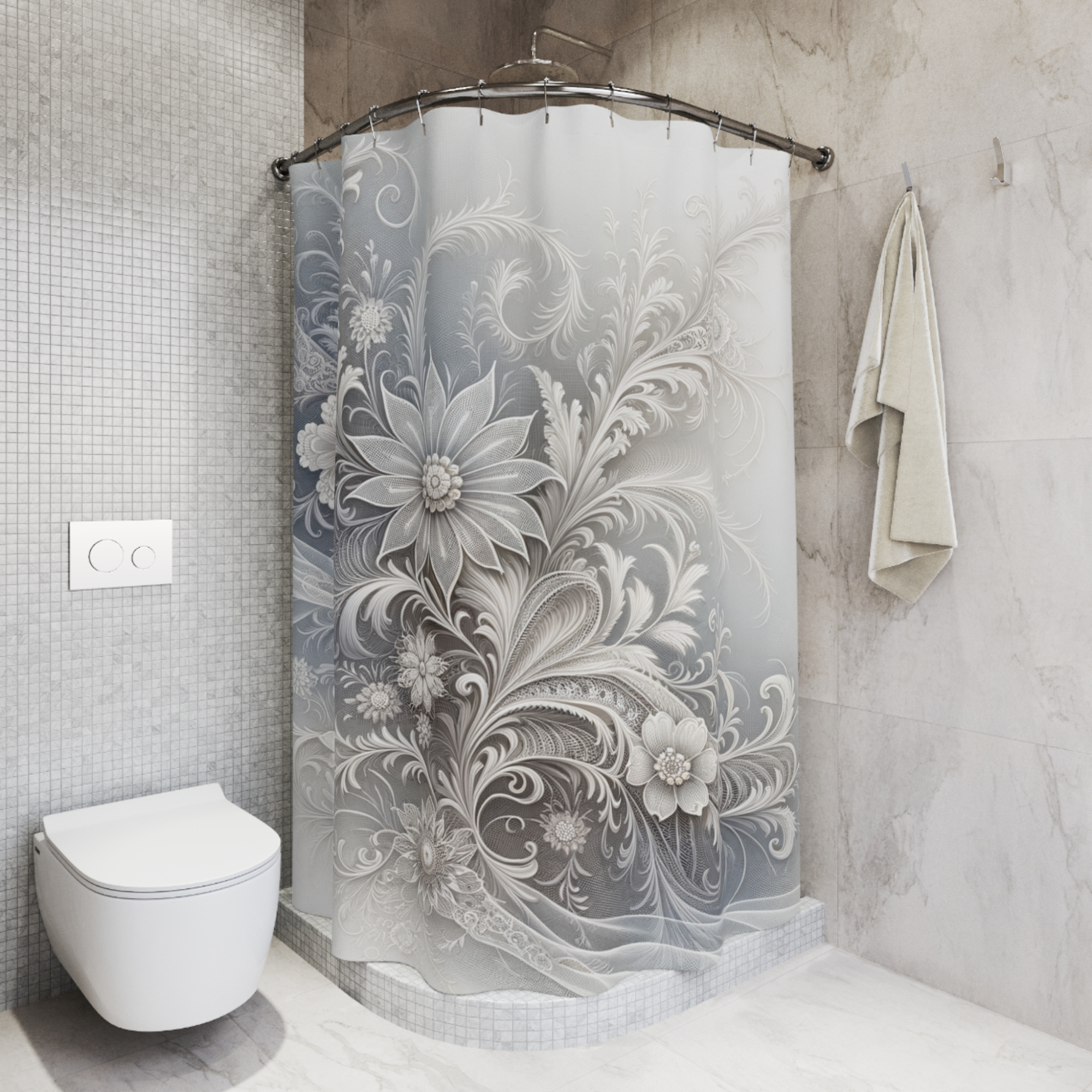 Silver Lace Bloom – Elegant White Floral Shower Curtain