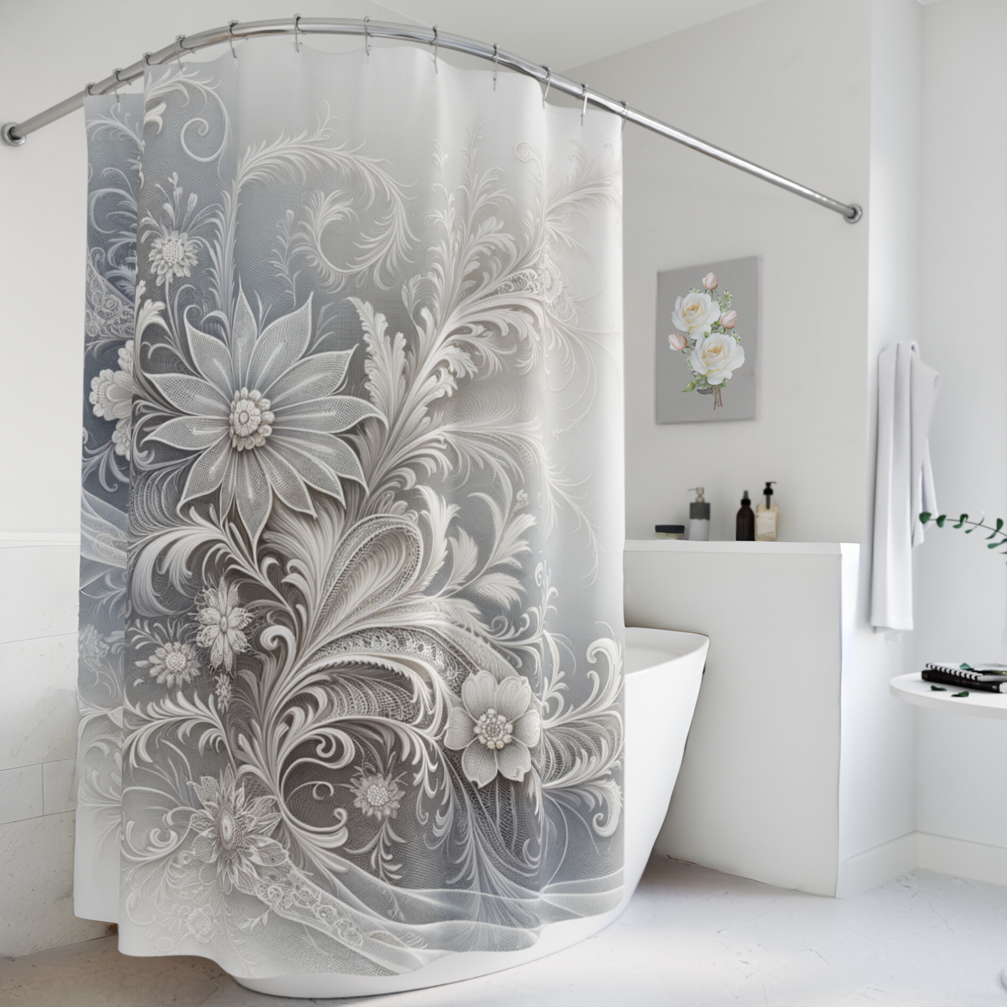 Silver Lace Bloom – Elegant White Floral Shower Curtain