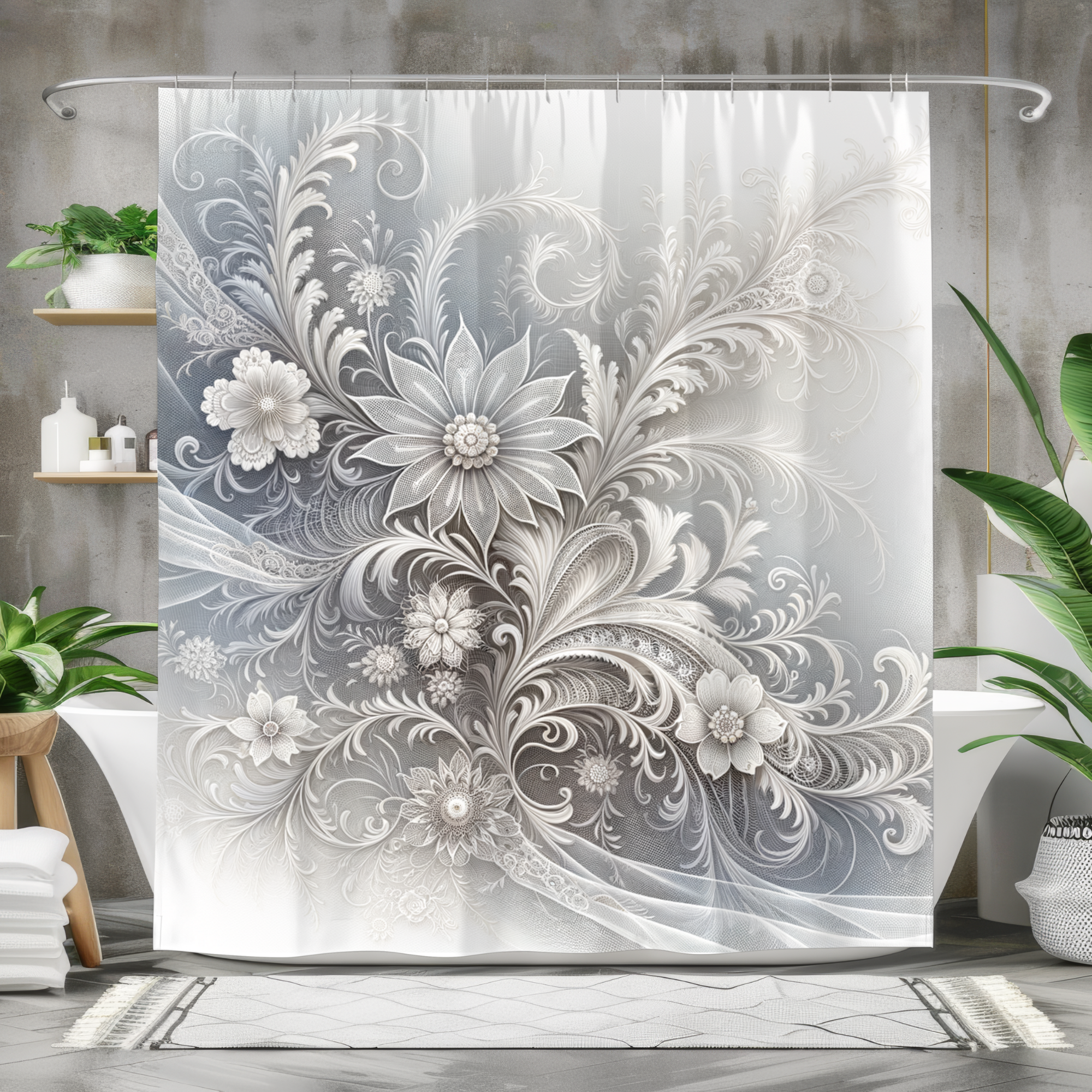 Silver Lace Bloom – Elegant White Floral Shower Curtain