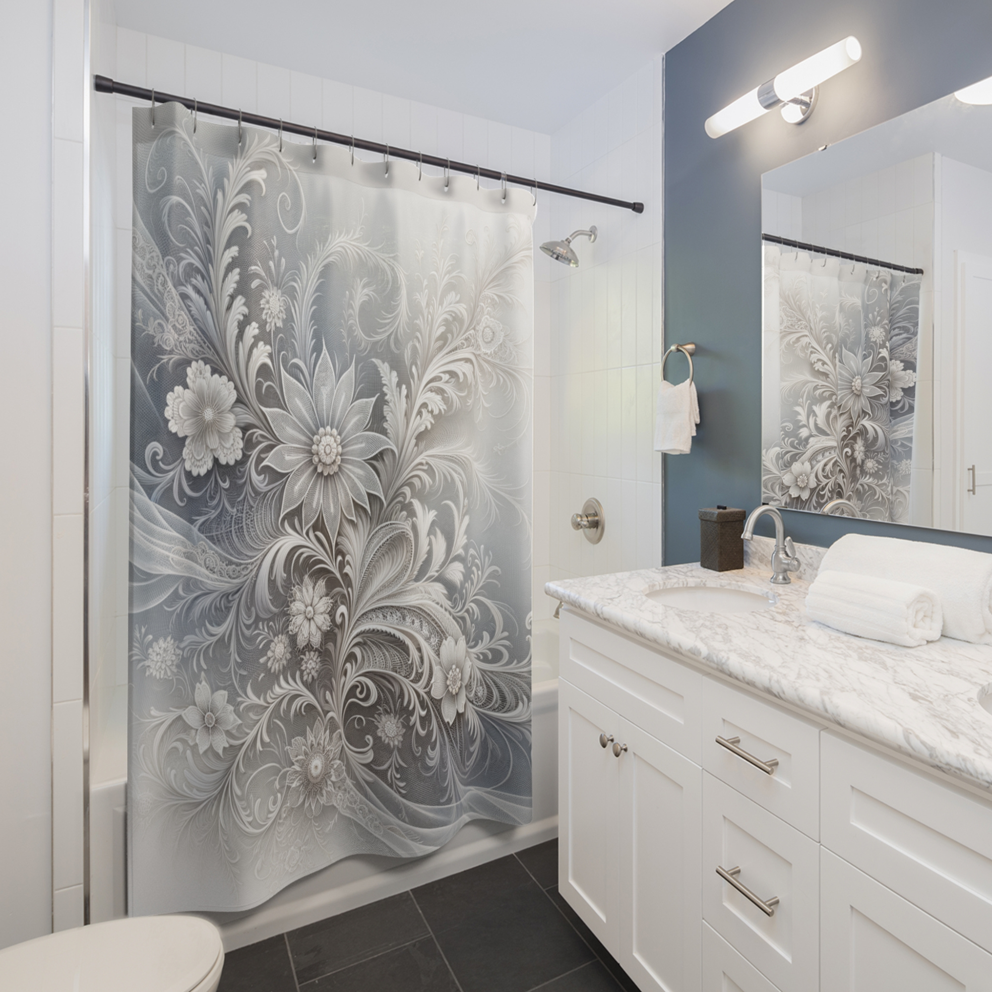 Silver Lace Bloom – Elegant White Floral Shower Curtain