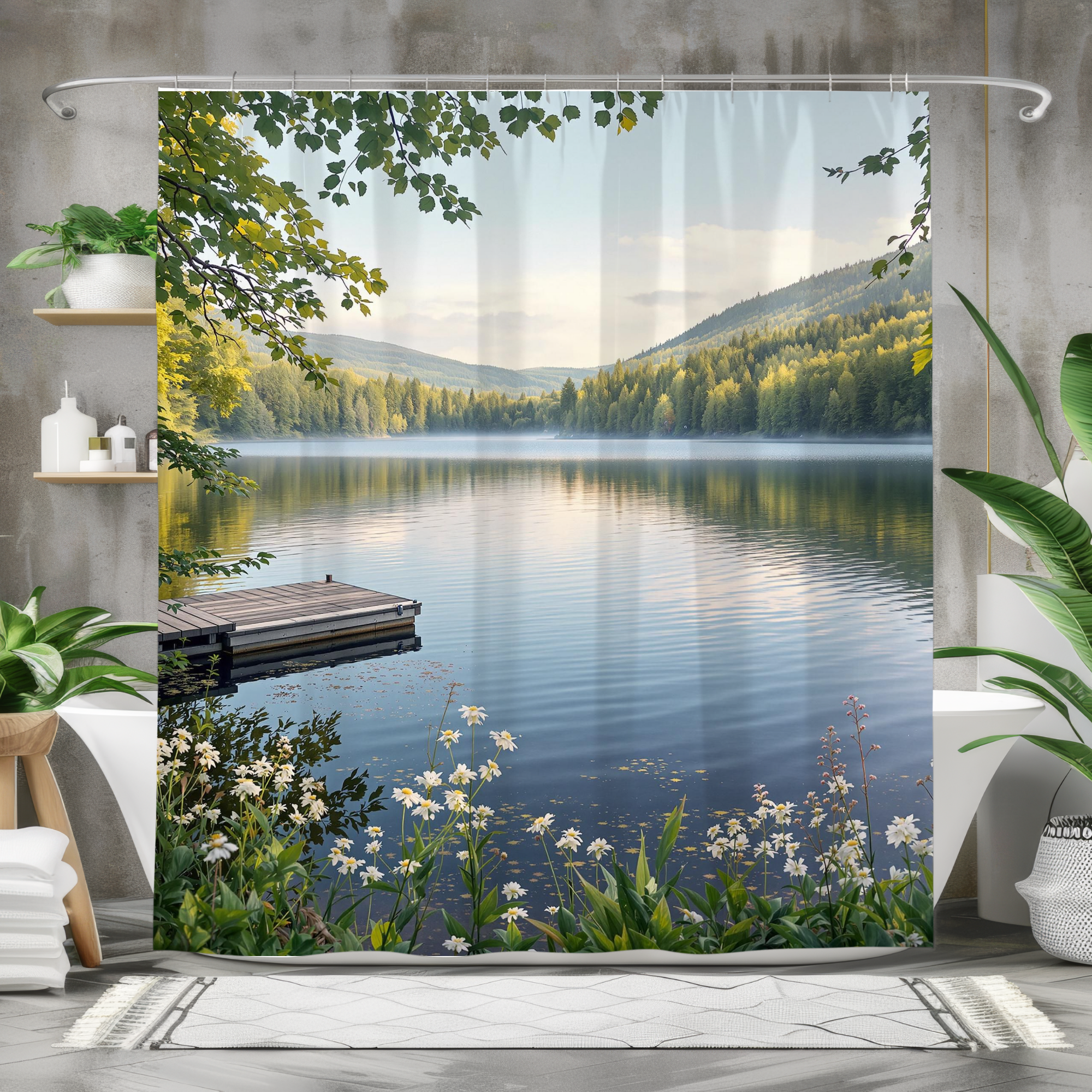 Dockside Serenity at Sunrise – Nature Lake Shower Curtain