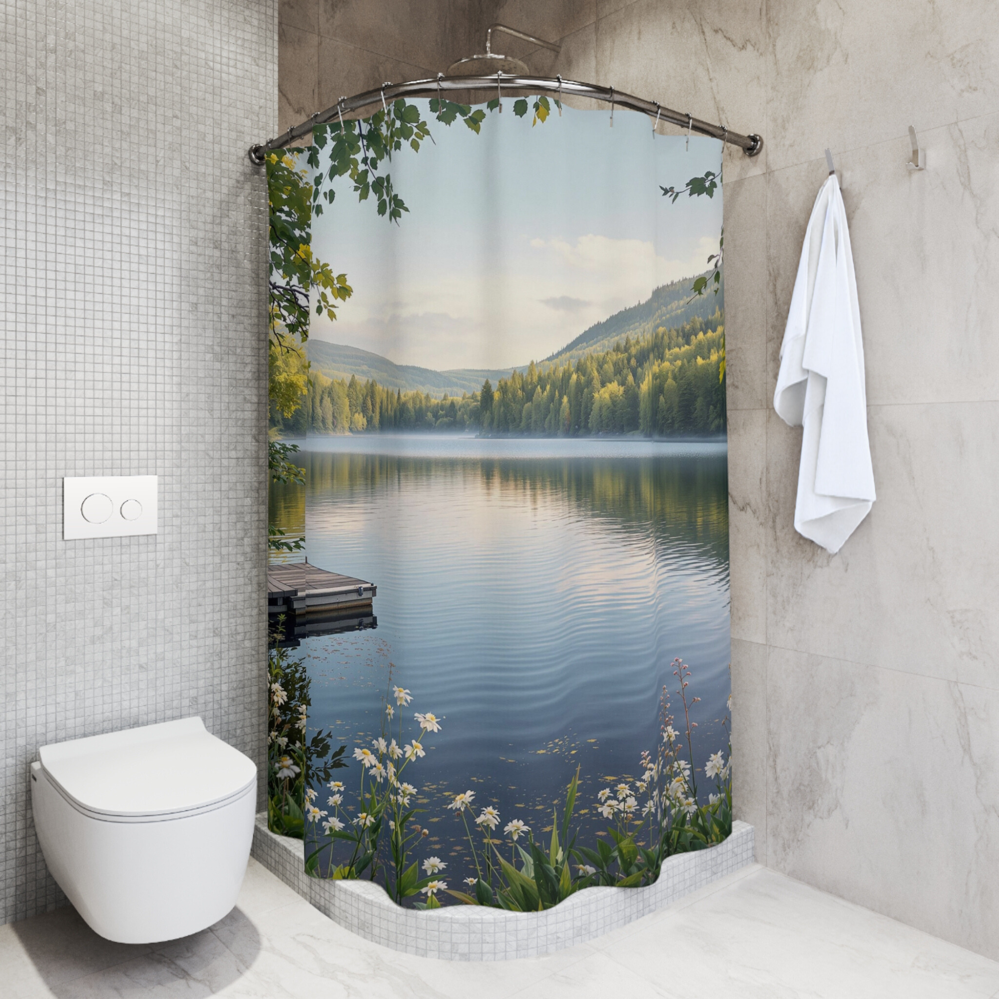 Dockside Serenity at Sunrise – Nature Lake Shower Curtain