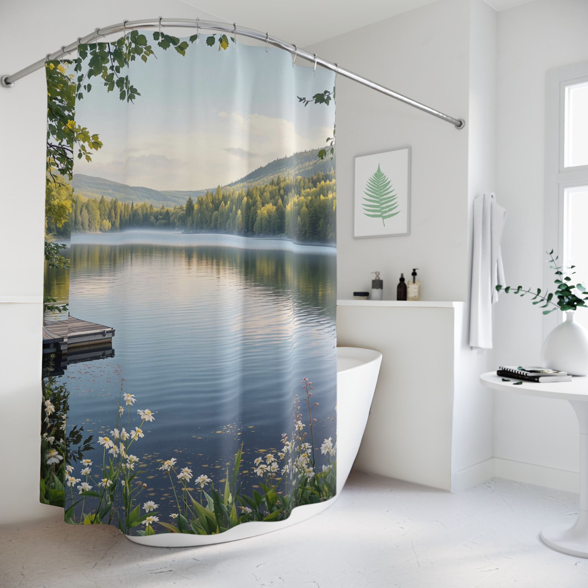 Dockside Serenity at Sunrise – Nature Lake Shower Curtain