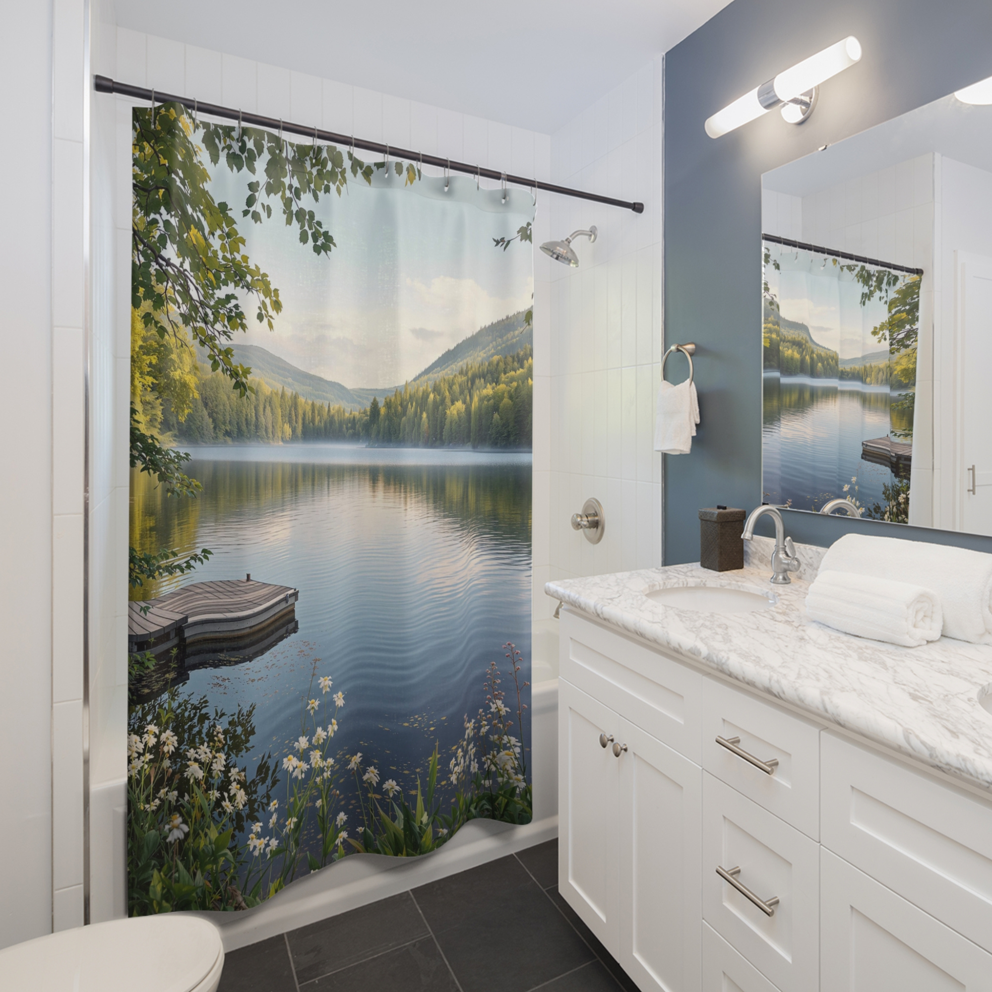 Dockside Serenity at Sunrise – Nature Lake Shower Curtain