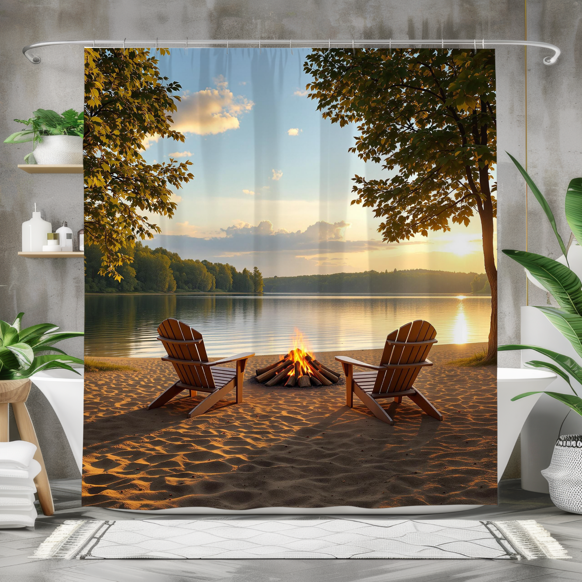 Golden Hour Campfire by the Lake – Rustic Retreat Shower Curtain