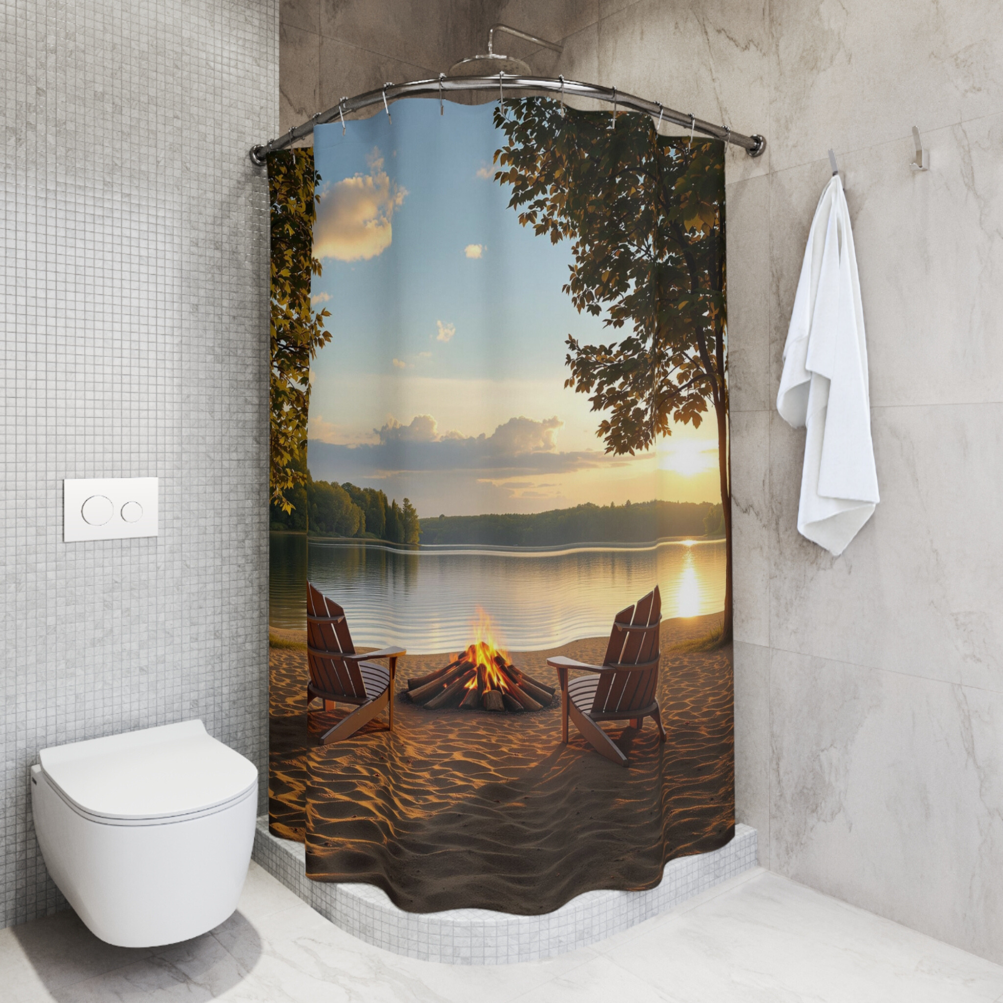 Golden Hour Campfire by the Lake – Rustic Retreat Shower Curtain