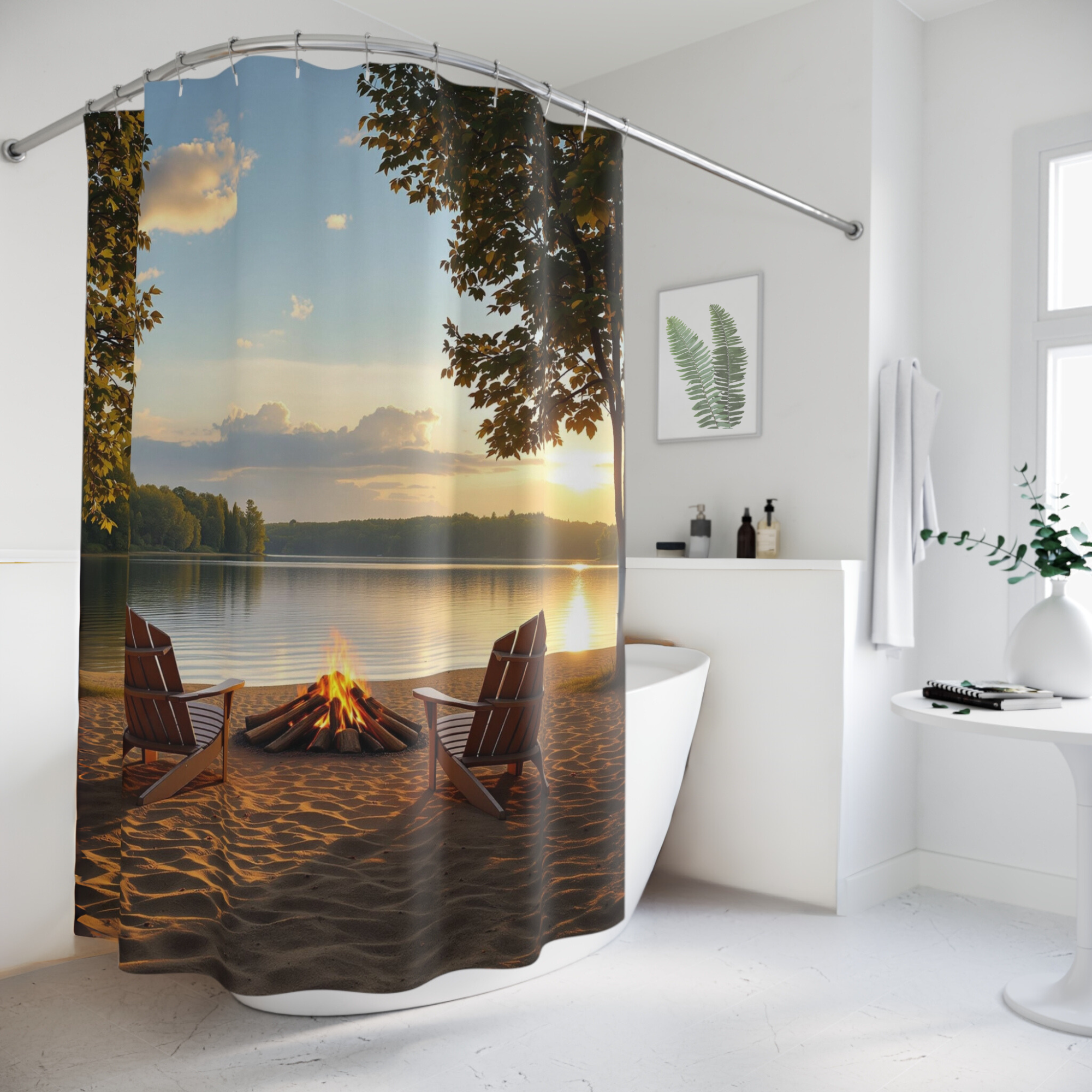 Golden Hour Campfire by the Lake – Rustic Retreat Shower Curtain