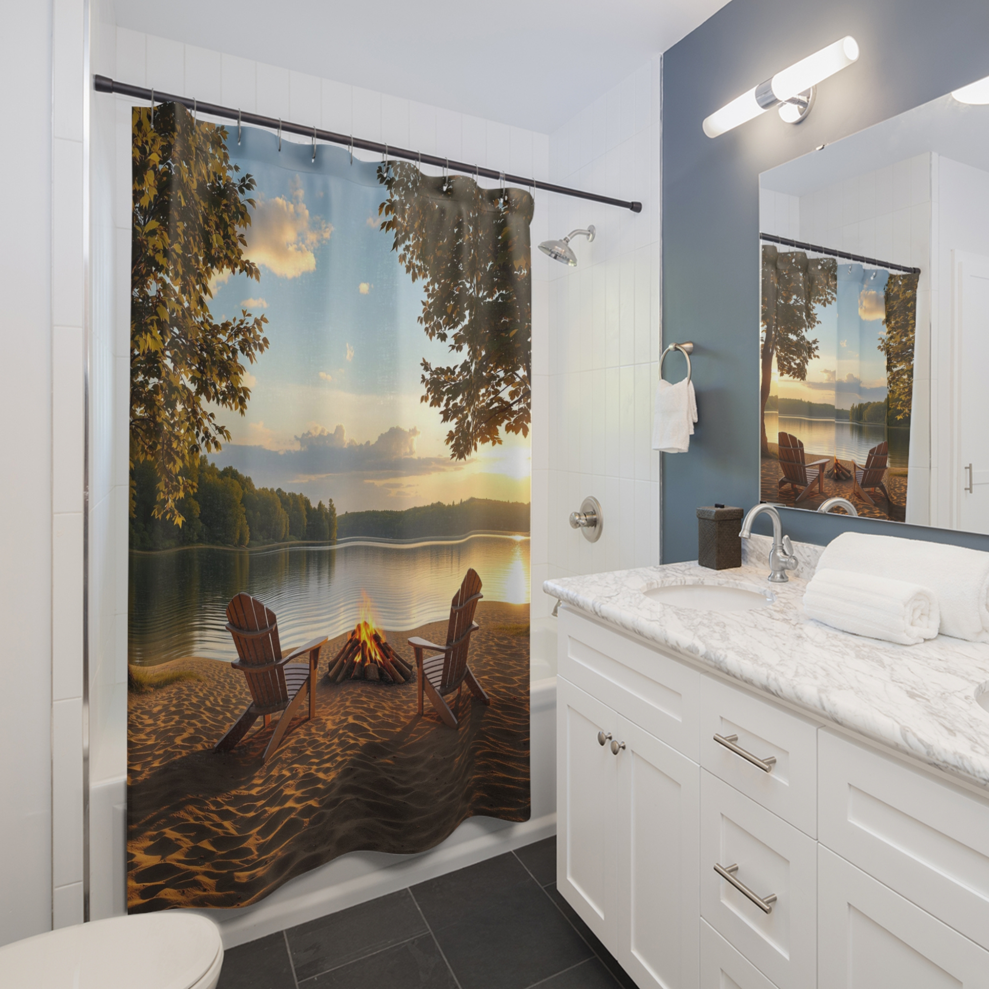 Golden Hour Campfire by the Lake – Rustic Retreat Shower Curtain