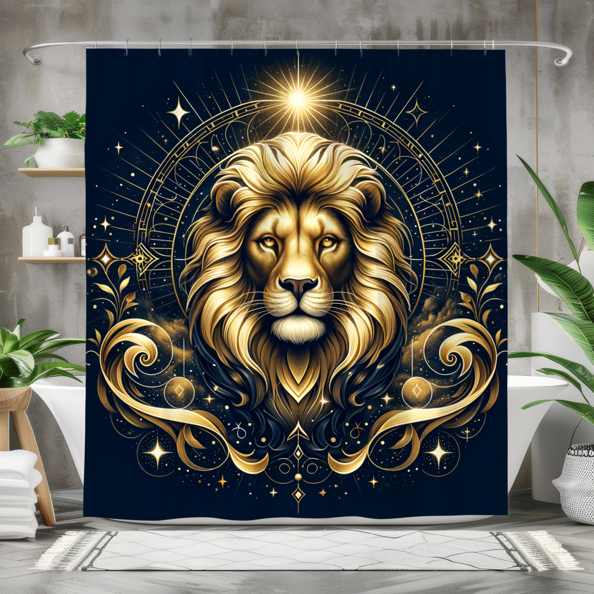 Celestial Gold Lion – Mystical Zodiac Shower Curtain