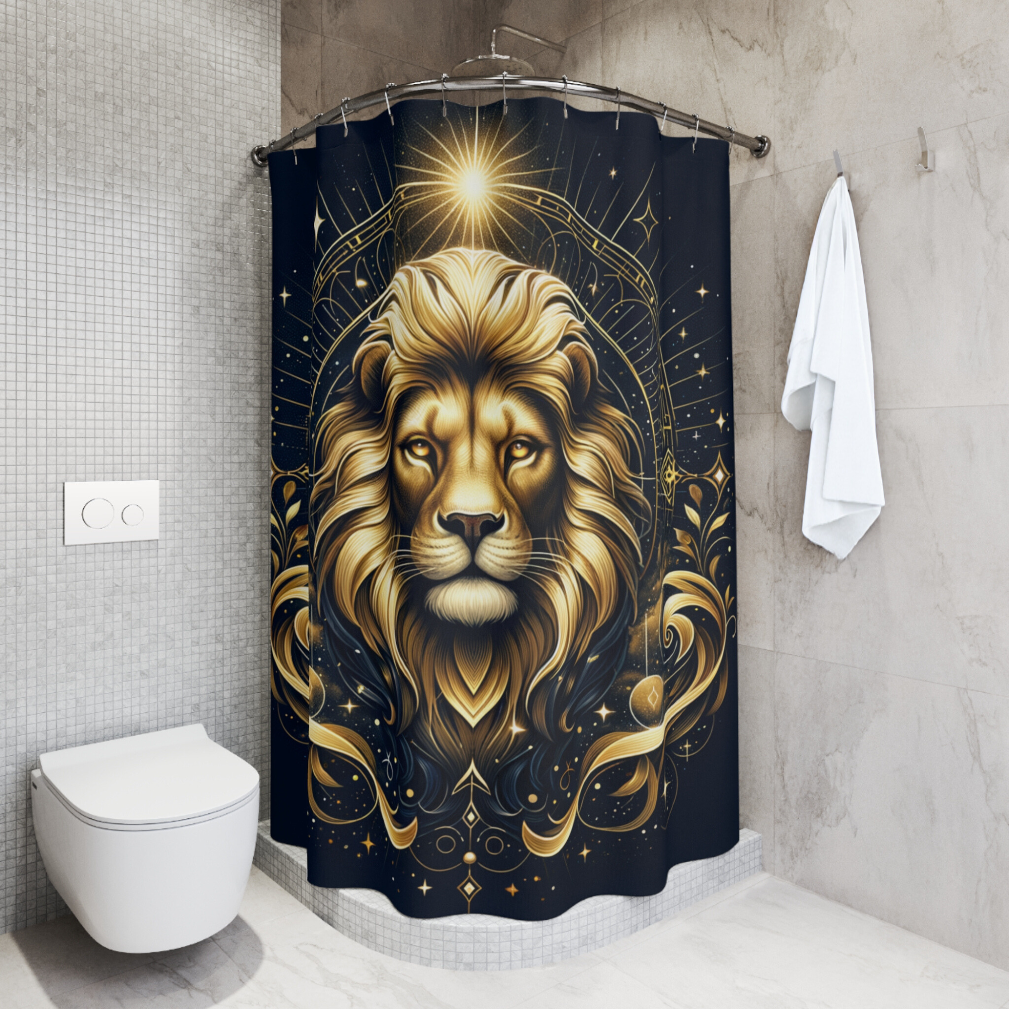 Celestial Gold Lion – Mystical Zodiac Shower Curtain